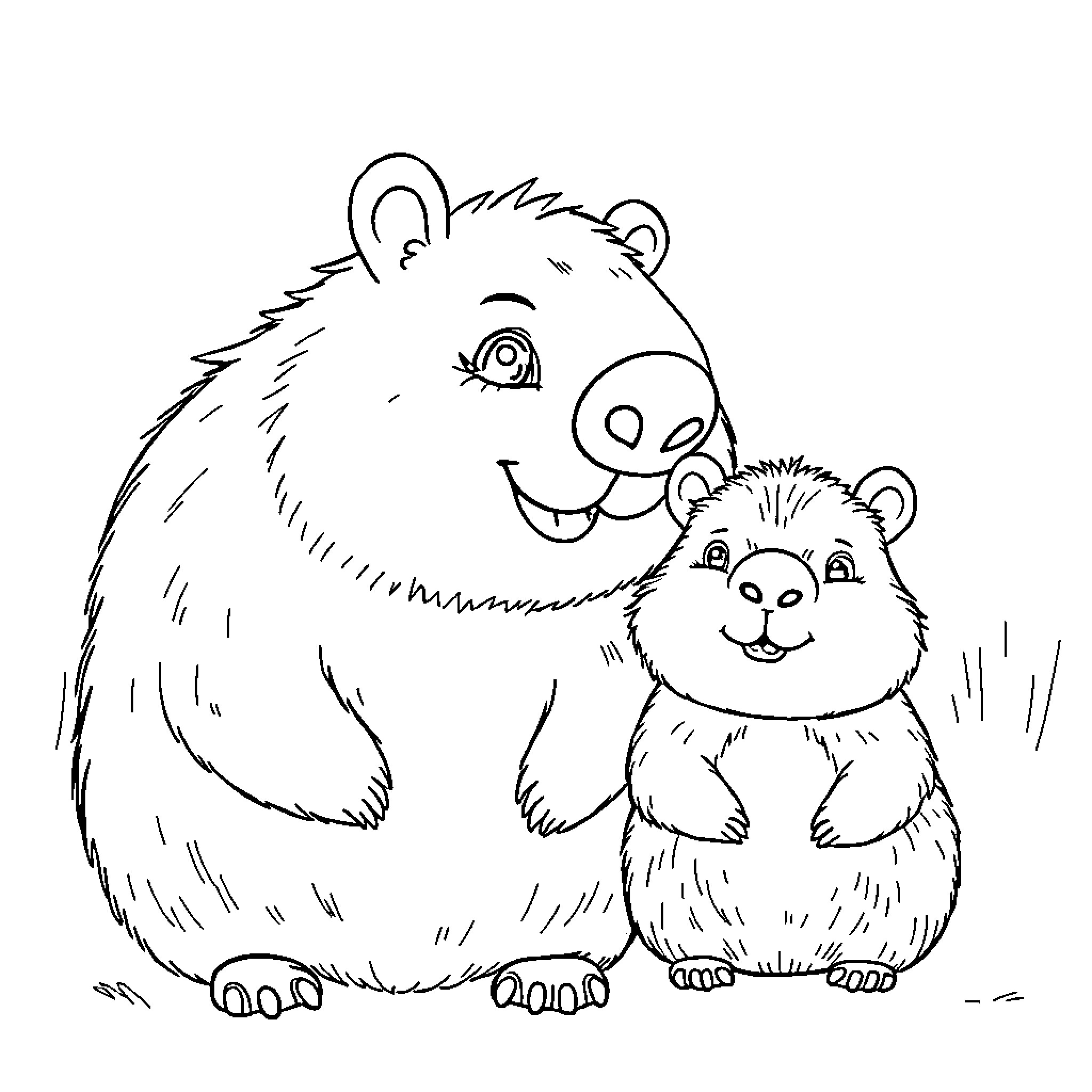Rumi's Cuddly Bear Family Coloring Page (free black-and-white line drawing printable PDF for all, from beginners to advanced learners, including children, teens, adults, and seniors)