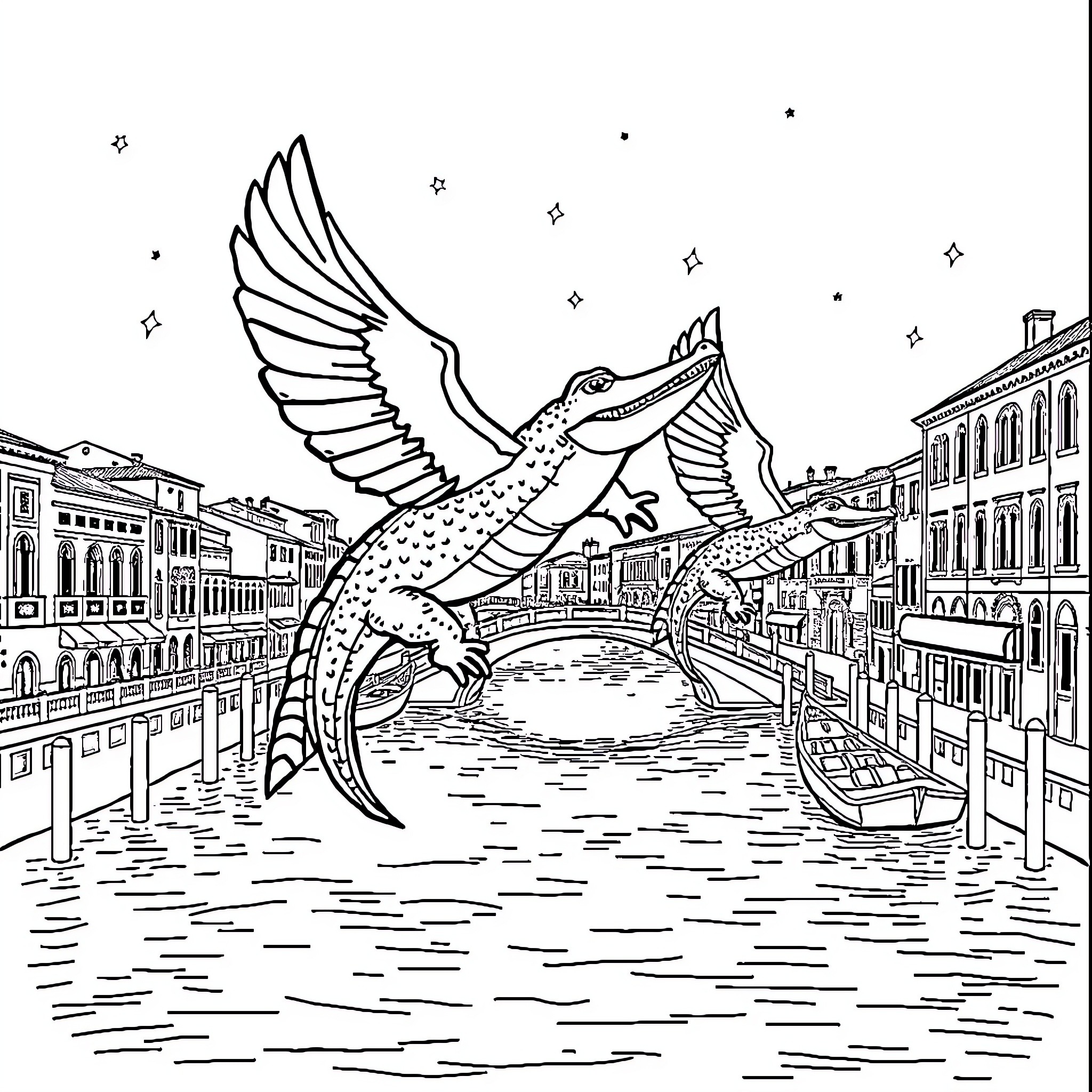 Crocs flying over the Venetian canals Coloring Page (free black-and-white line drawing printable PDF for all, from beginners to advanced learners, including children, teens, adults, and seniors)