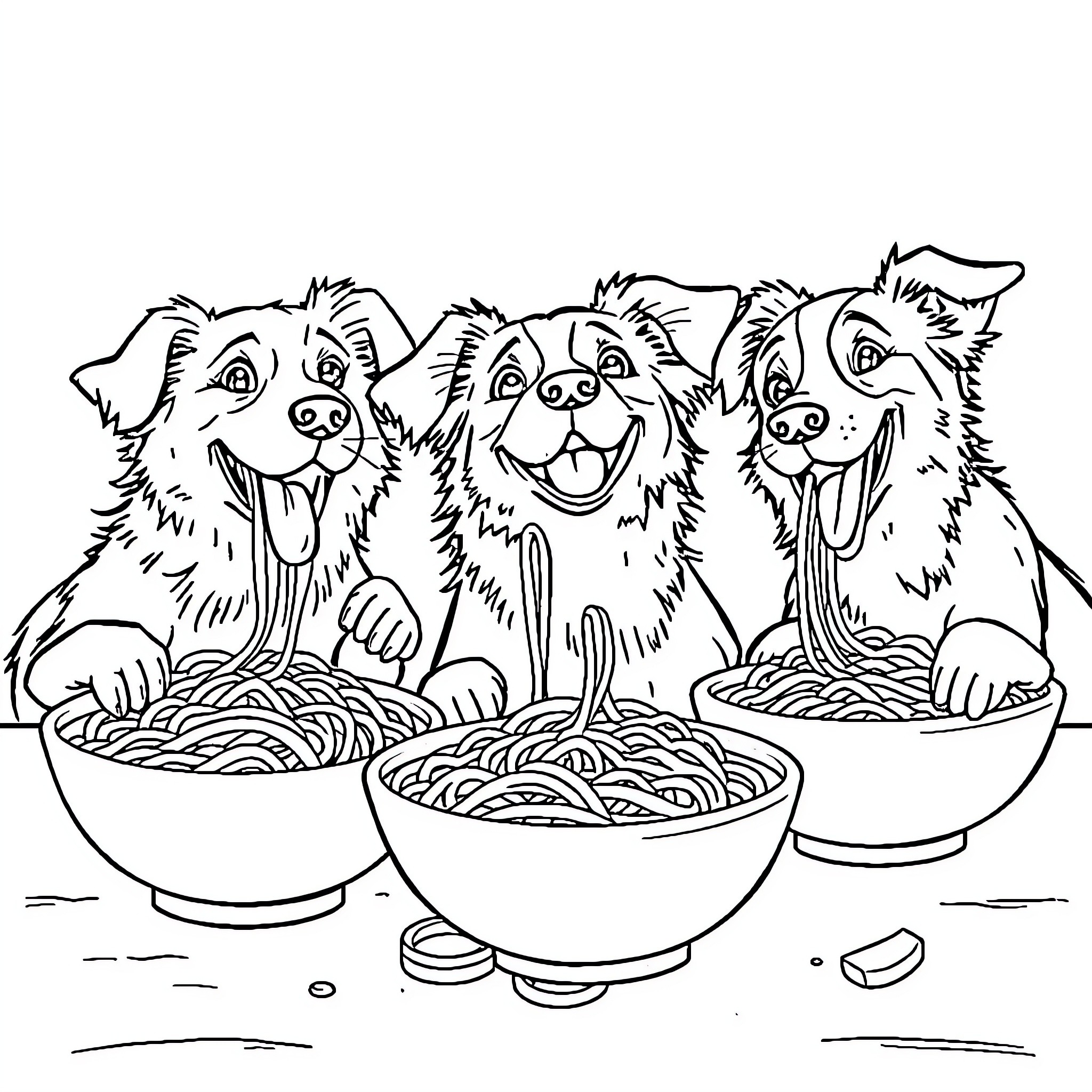 Dogs Enjoying Spaghetti Dinner Coloring Page (free black-and-white line drawing printable PDF for all, from beginners to advanced learners, including children, teens, adults, and seniors)