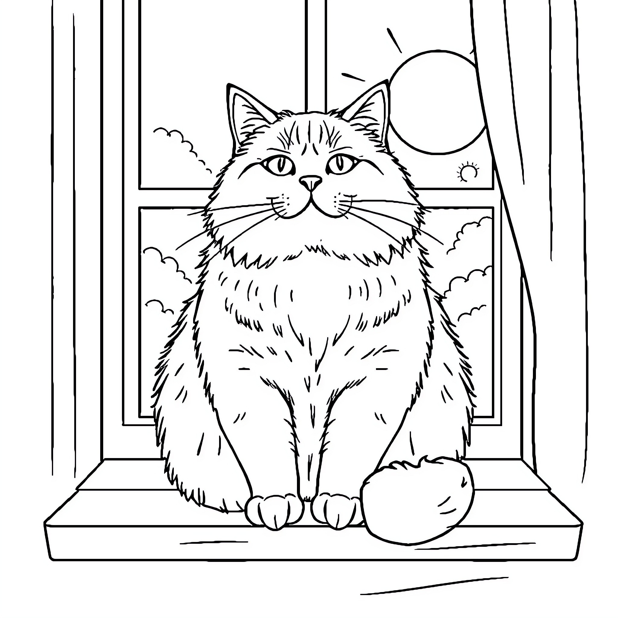 Cat sitting calmly on the windowsill Coloring Page (free black-and-white line drawing printable PDF for all, from beginners to advanced learners, including children, teens, adults, and seniors)