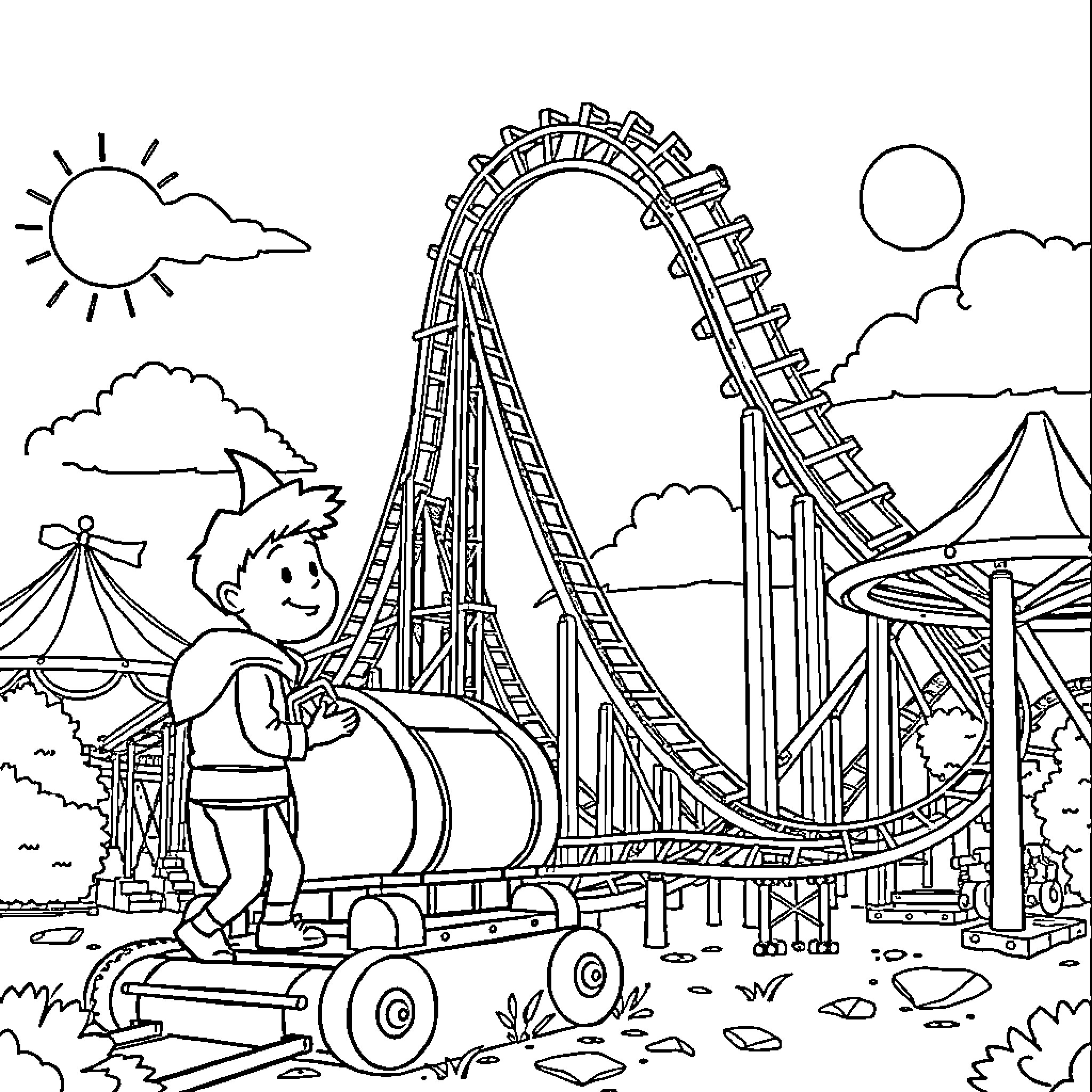 Roller Coaster Ride at the Amusement Park Coloring Page (free black-and-white line drawing printable PDF for all, from beginners to advanced learners, including children, teens, adults, and seniors)