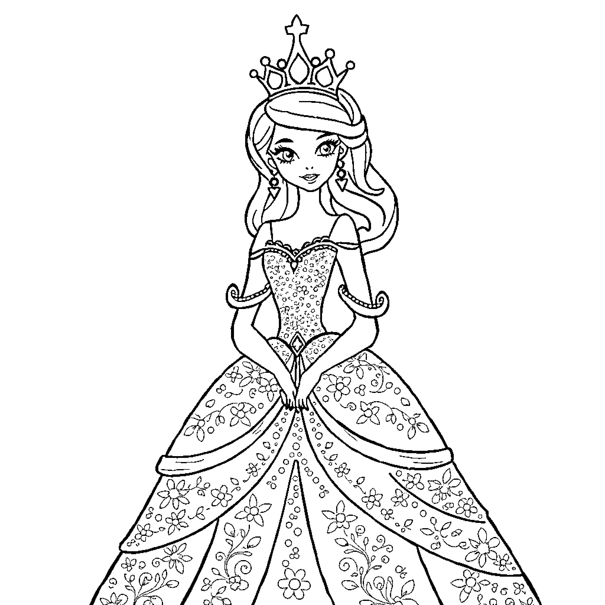 Princess in Elegant Floral Gown Coloring Page (free black-and-white line drawing printable PDF for all, from beginners to advanced learners, including children, teens, adults, and seniors)