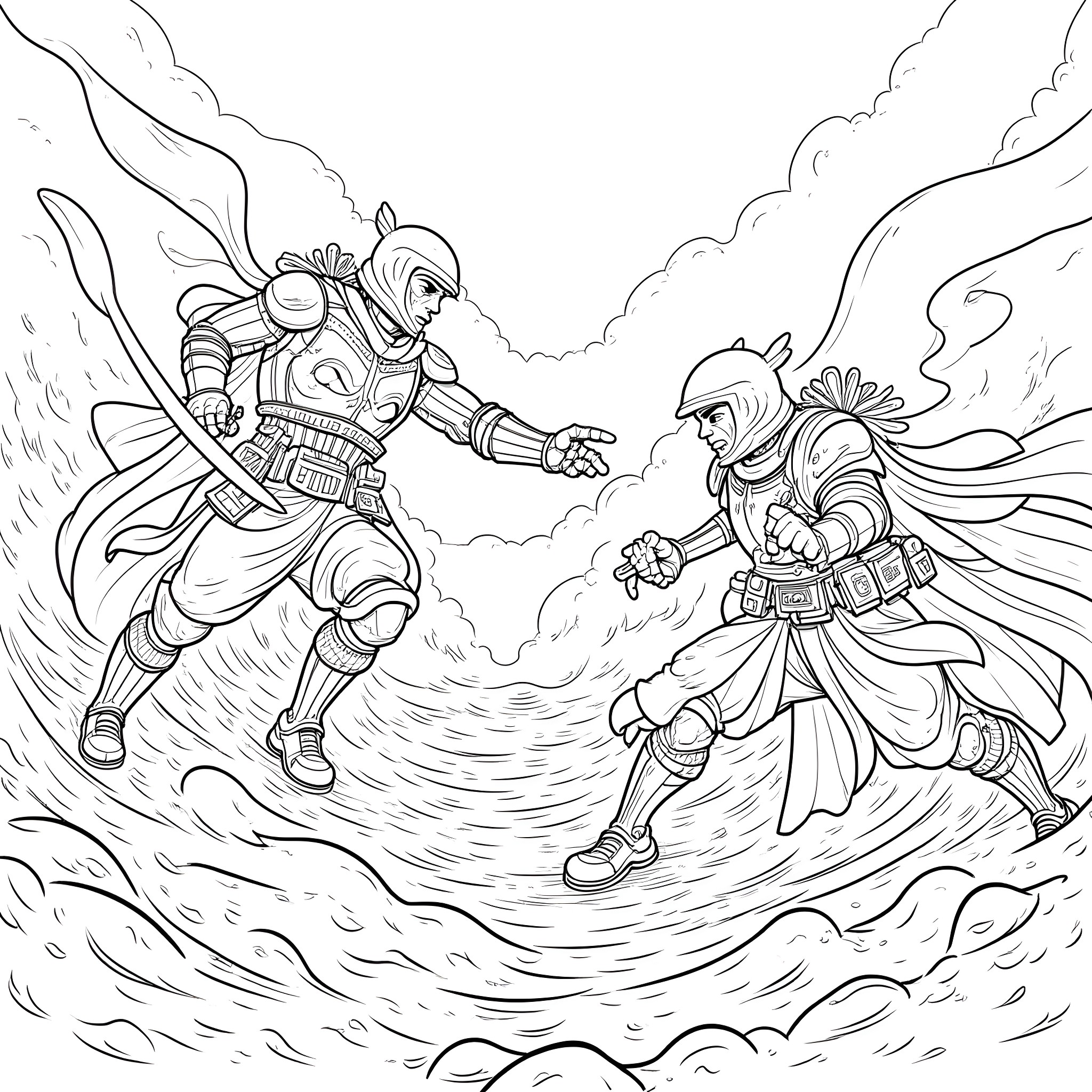 Conflict between armored warriors in a turbulent setting Coloring Page (free black-and-white line drawing printable PDF for all, from beginners to advanced learners, including children, teens, adults, and seniors)