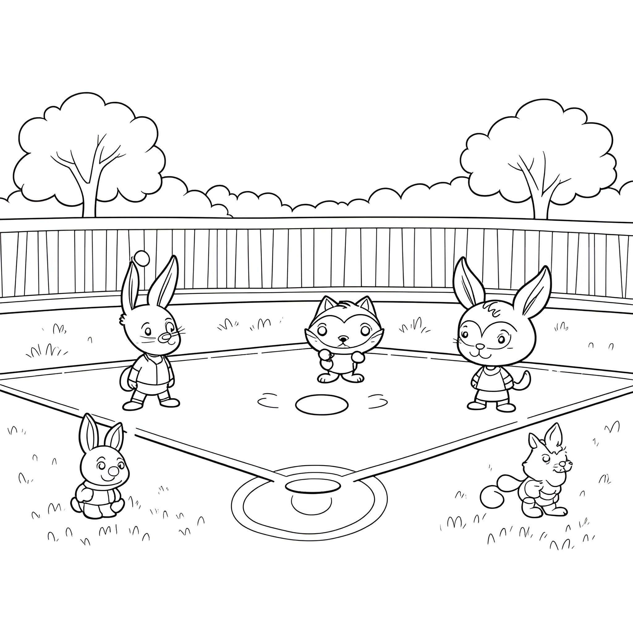Bunny Friends Playing Happily in the Park Coloring Page (free black-and-white line drawing printable PDF for all, from beginners to advanced learners, including children, teens, adults, and seniors)