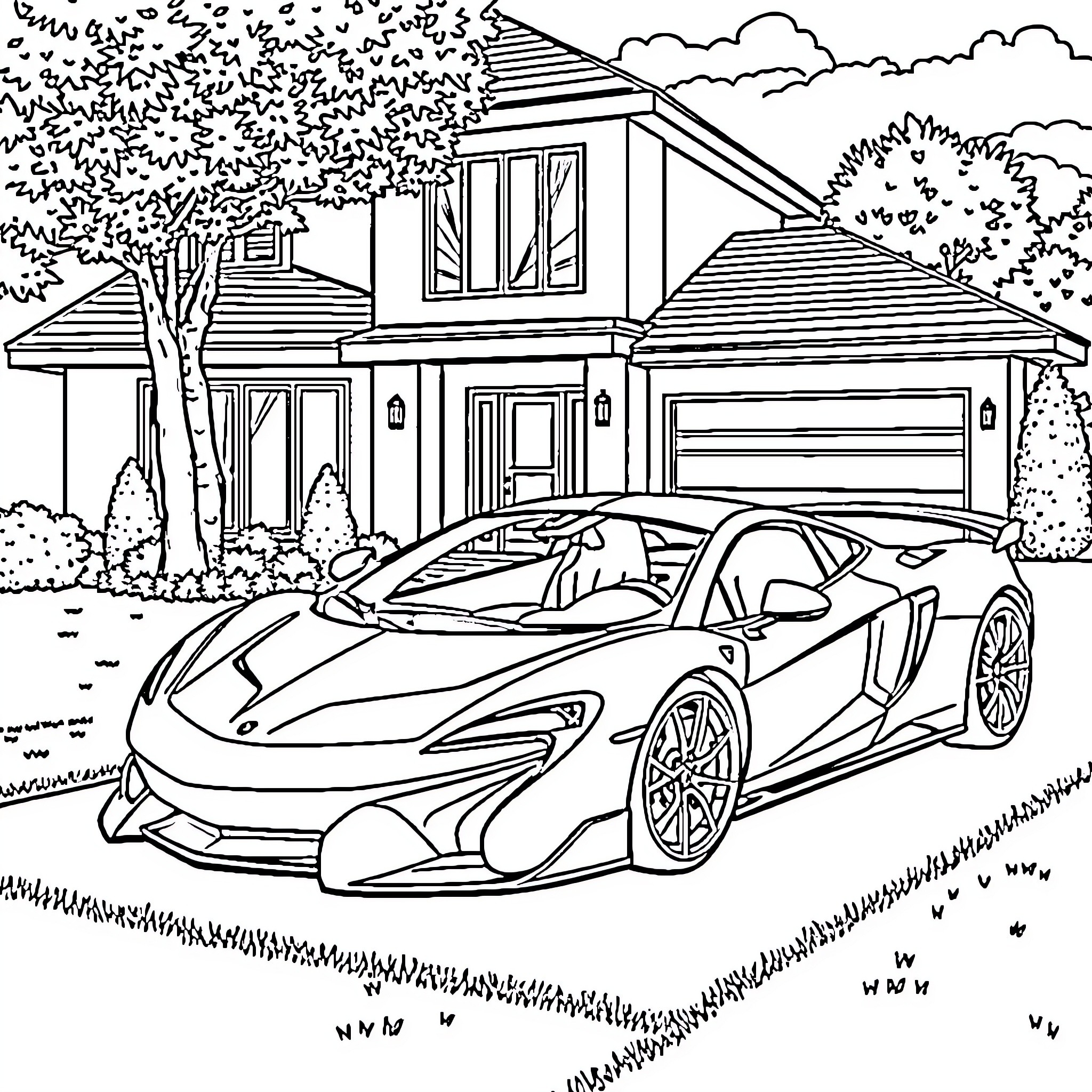 McLaren sports car parked in front of suburban home Coloring Page (free black-and-white line drawing printable PDF for all, from beginners to advanced learners, including children, teens, adults, and seniors)