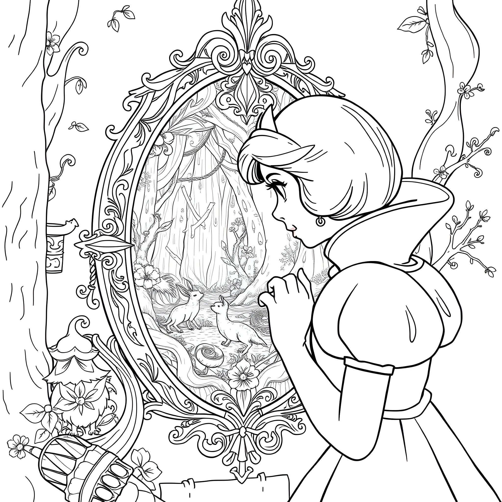 Magic Mirror Reflection of a Fairytale Princess Coloring Page (free black-and-white line drawing printable PDF for all, from beginners to advanced learners, including children, teens, adults, and seniors)
