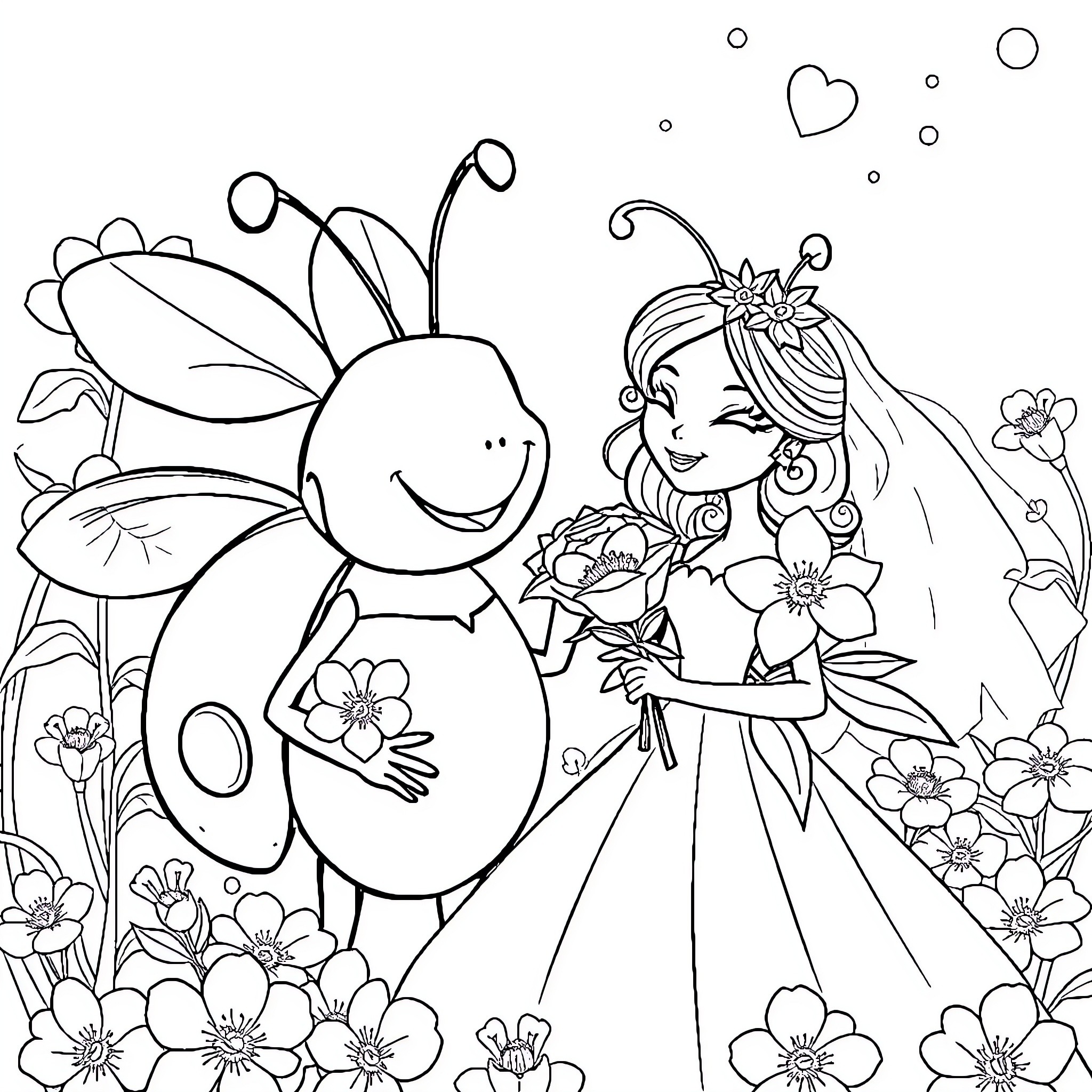 Rabbit Fairy and Flower Friends Coloring Page (free black-and-white line drawing printable PDF for all, from beginners to advanced learners, including children, teens, adults, and seniors)