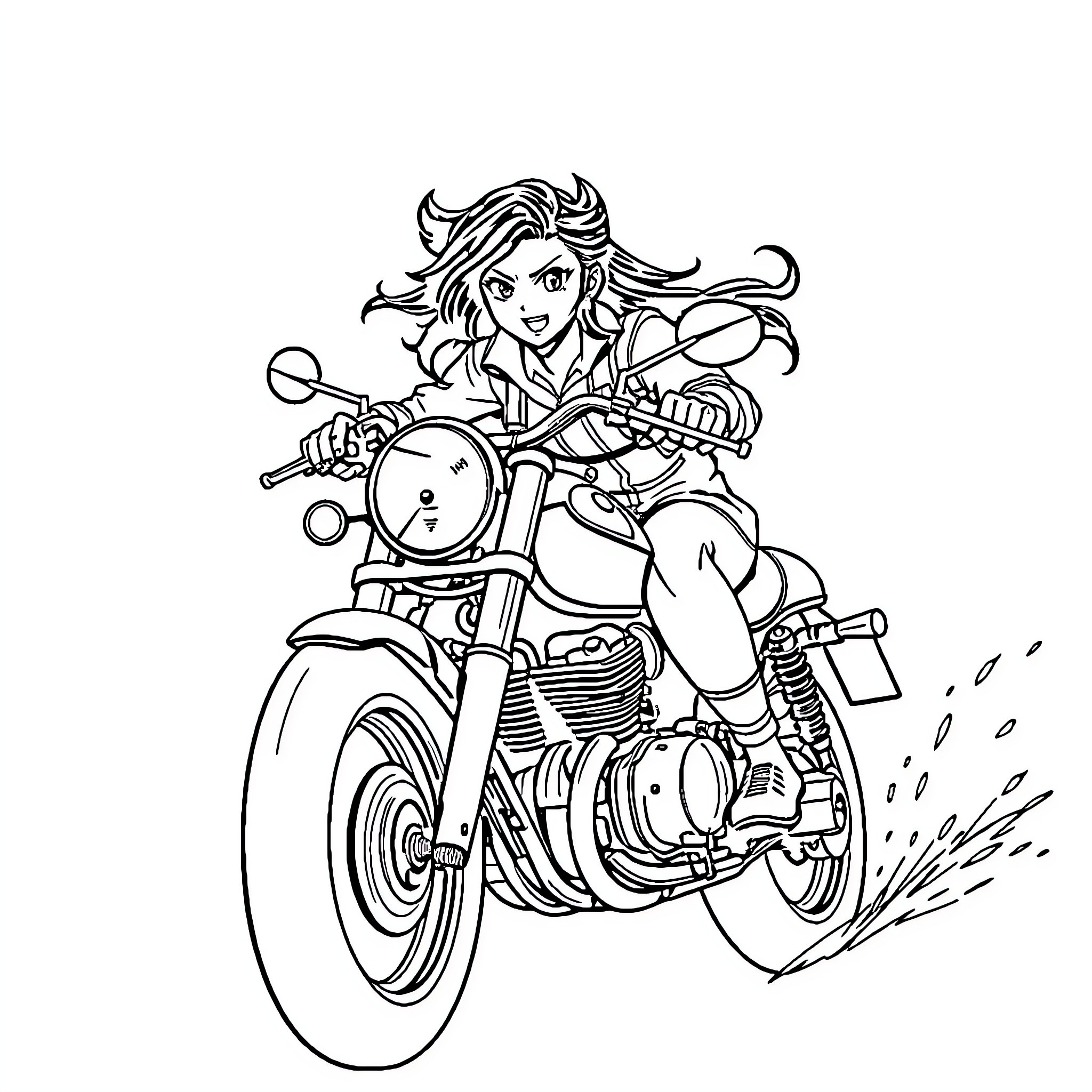 Nezuko riding a motorcycle with passion Coloring Page (free black-and-white line drawing printable PDF for all, from beginners to advanced learners, including children, teens, adults, and seniors)
