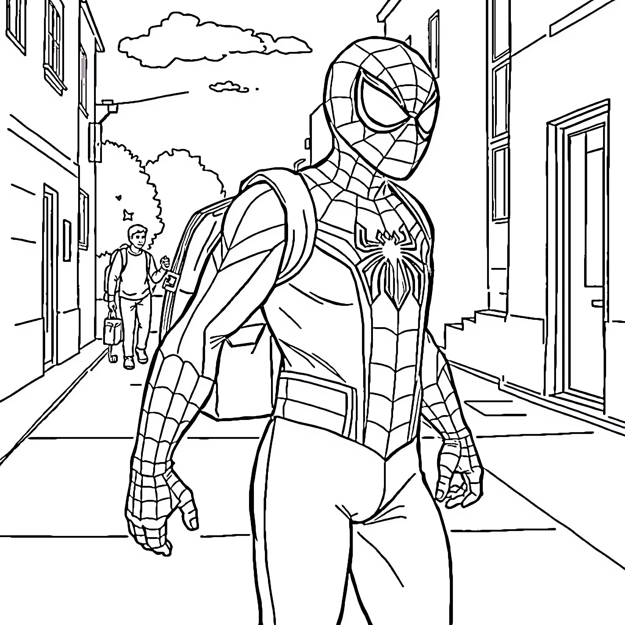 Spiderman patrolling the city streets Coloring Page (free black-and-white line drawing printable PDF for all, from beginners to advanced learners, including children, teens, adults, and seniors)