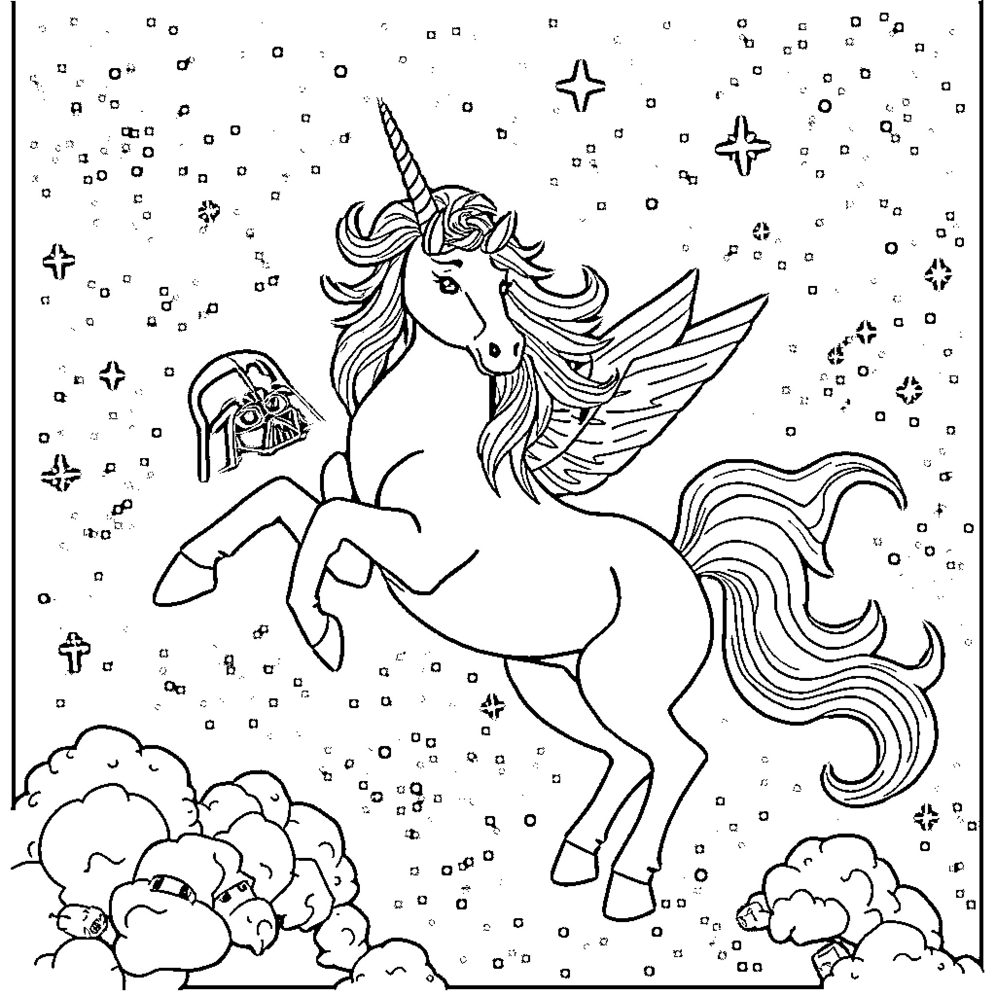 Unicorn soaring through the starry sky Coloring Page (free black-and-white line drawing printable PDF for all, from beginners to advanced learners, including children, teens, adults, and seniors)