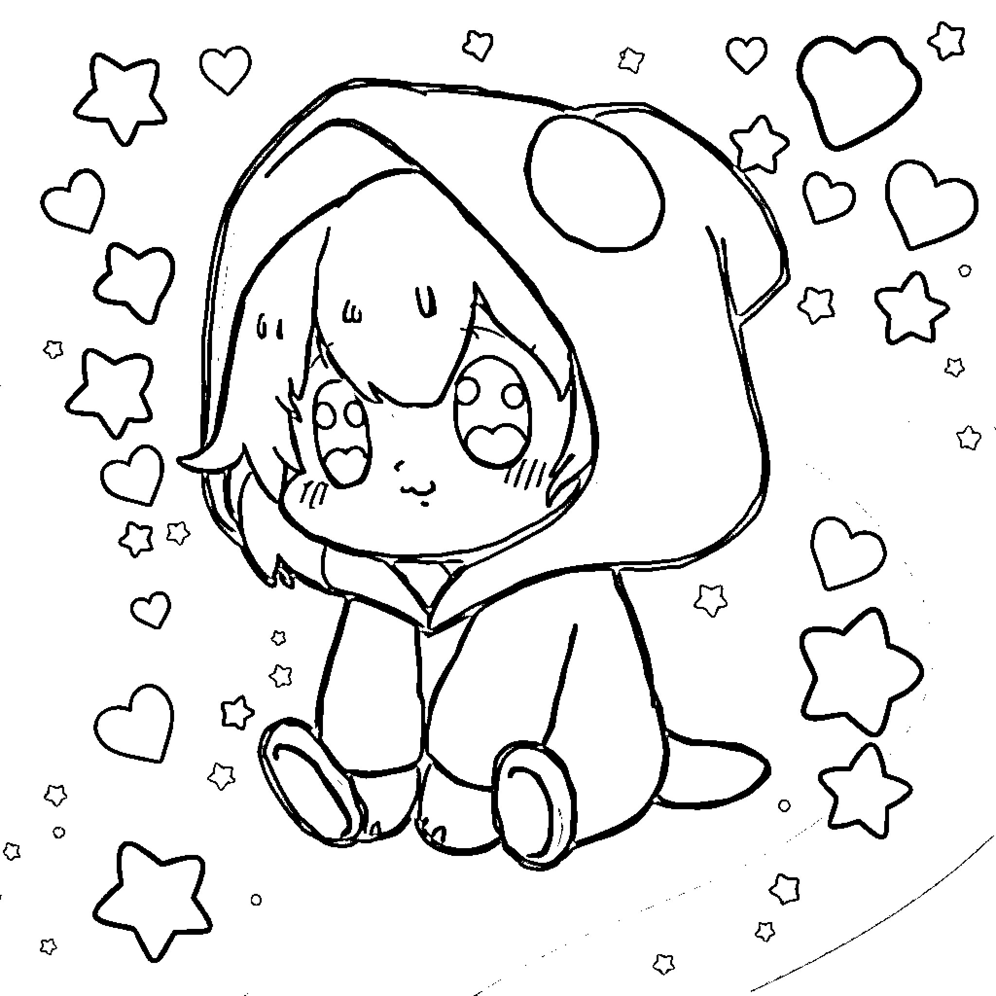 Kuromi sitting in a playful environment Coloring Page (free black-and-white line drawing printable PDF for all, from beginners to advanced learners, including children, teens, adults, and seniors)