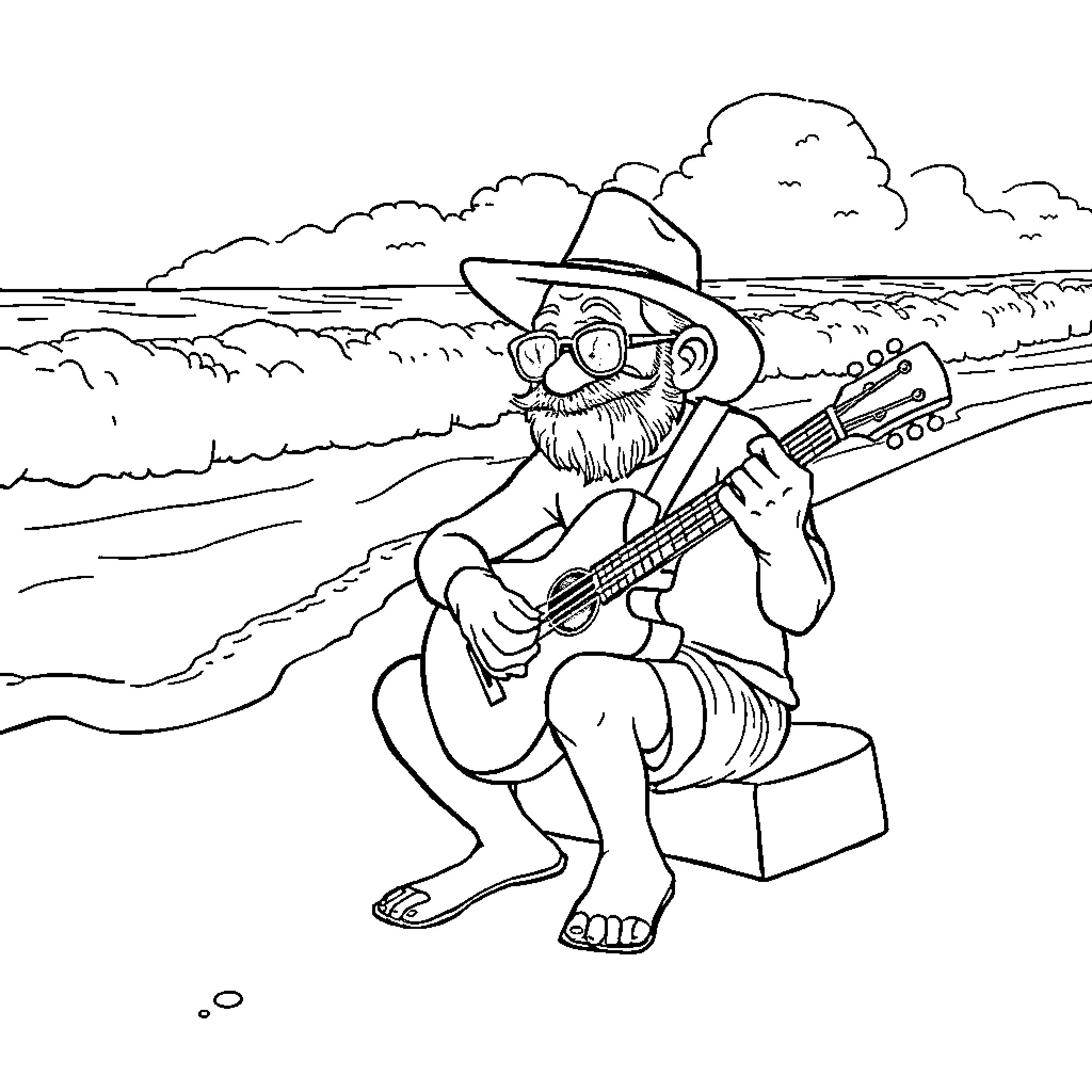 Papy serenades the waves with his guitar Coloring Page (free black-and-white line drawing printable PDF for all, from beginners to advanced learners, including children, teens, adults, and seniors)