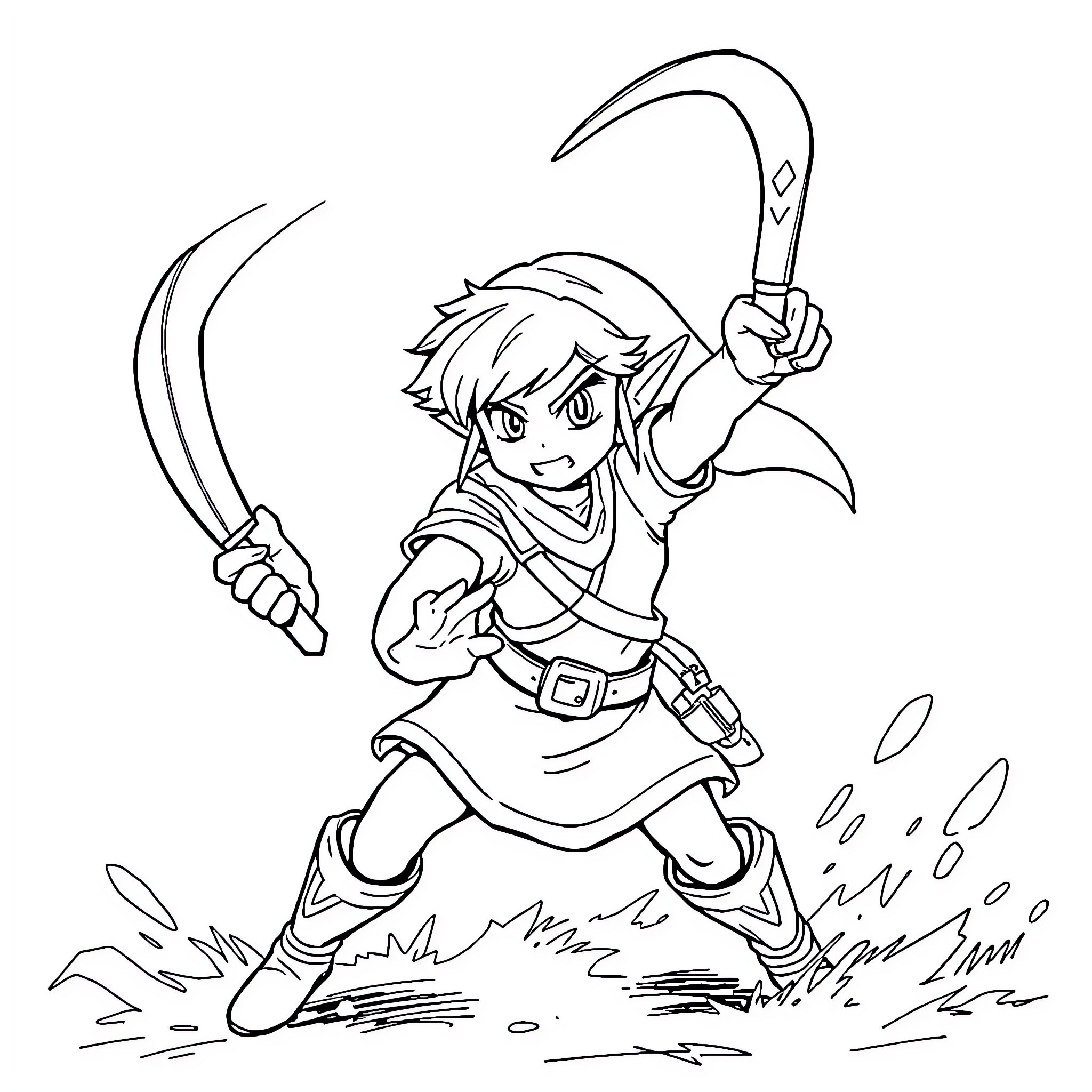 Link Adventuring with Sword and Shield Coloring Page (free black-and-white line drawing printable PDF for all, from beginners to advanced learners, including children, teens, adults, and seniors)