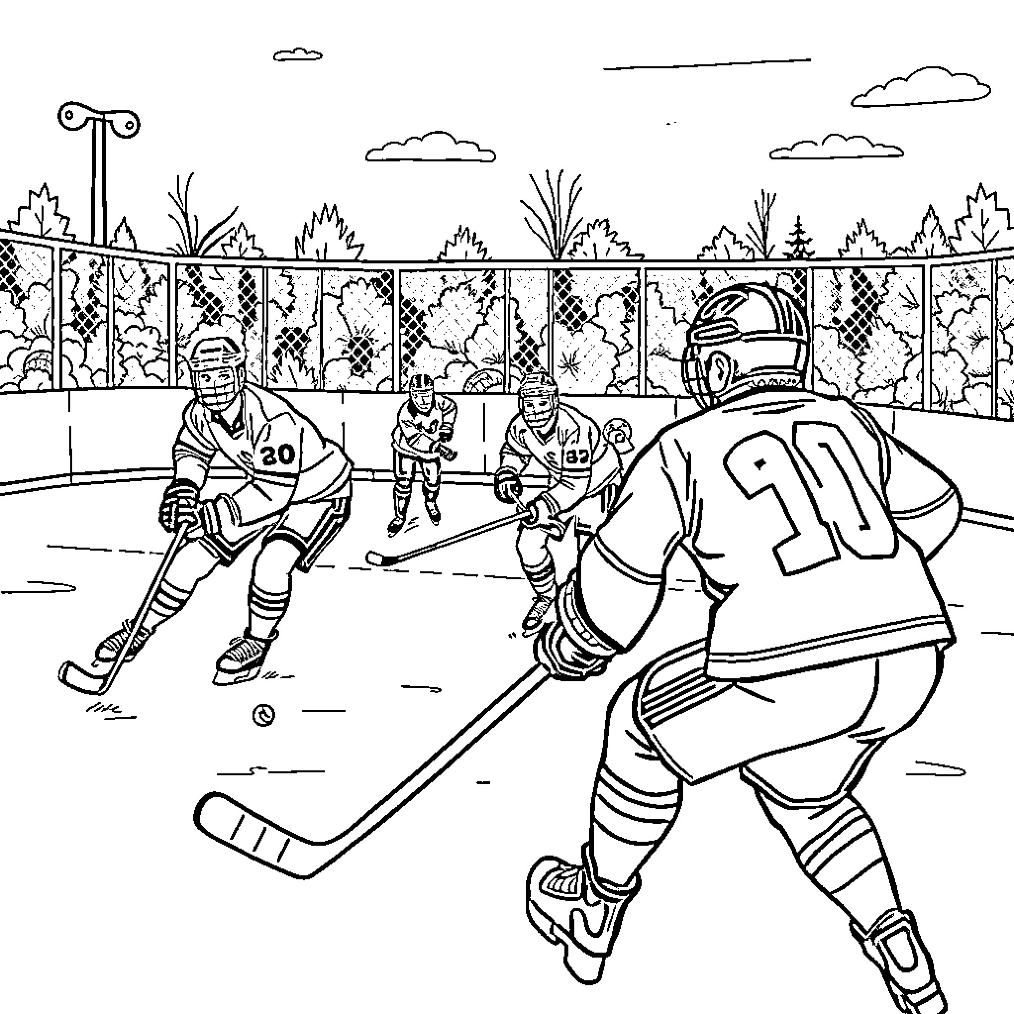 Dude Perfect: Hockey Players on the Ice Rink Coloring Page (free black-and-white line drawing printable PDF for all, from beginners to advanced learners, including children, teens, adults, and seniors)