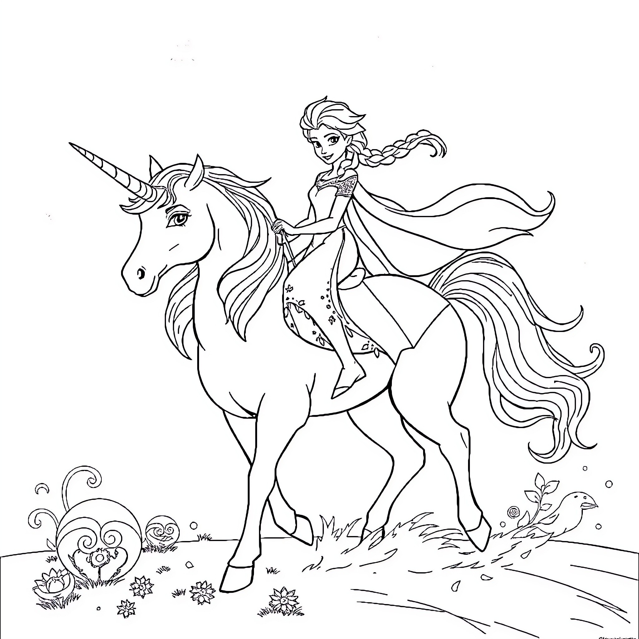 Elsa riding a magical unicorn in a enchanted forest Coloring Page (free black-and-white line drawing printable PDF for all, from beginners to advanced learners, including children, teens, adults, and seniors)