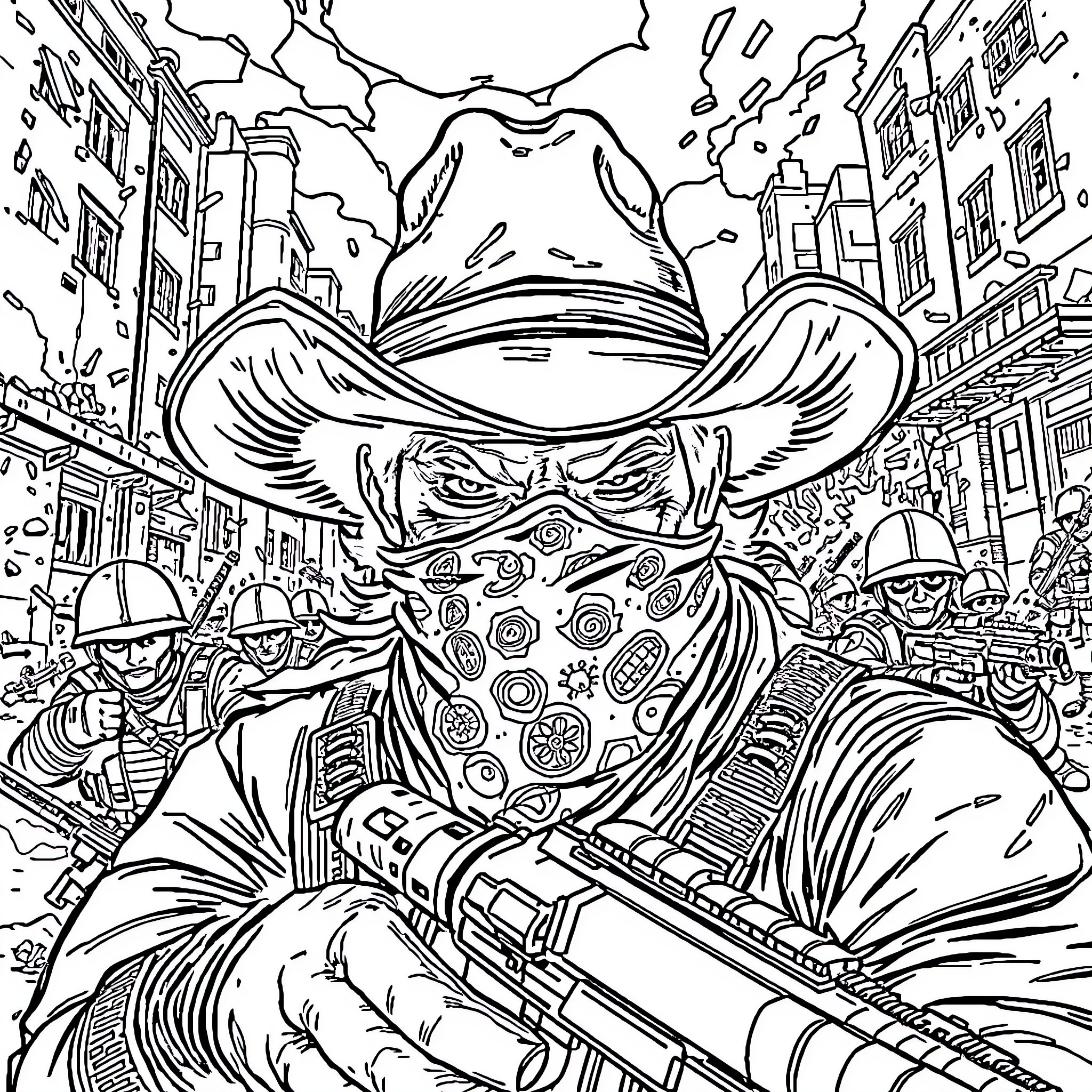 Cowboy gunslinger in an action-packed urban scene Coloring Page (free black-and-white line drawing printable PDF for all, from beginners to advanced learners, including children, teens, adults, and seniors)