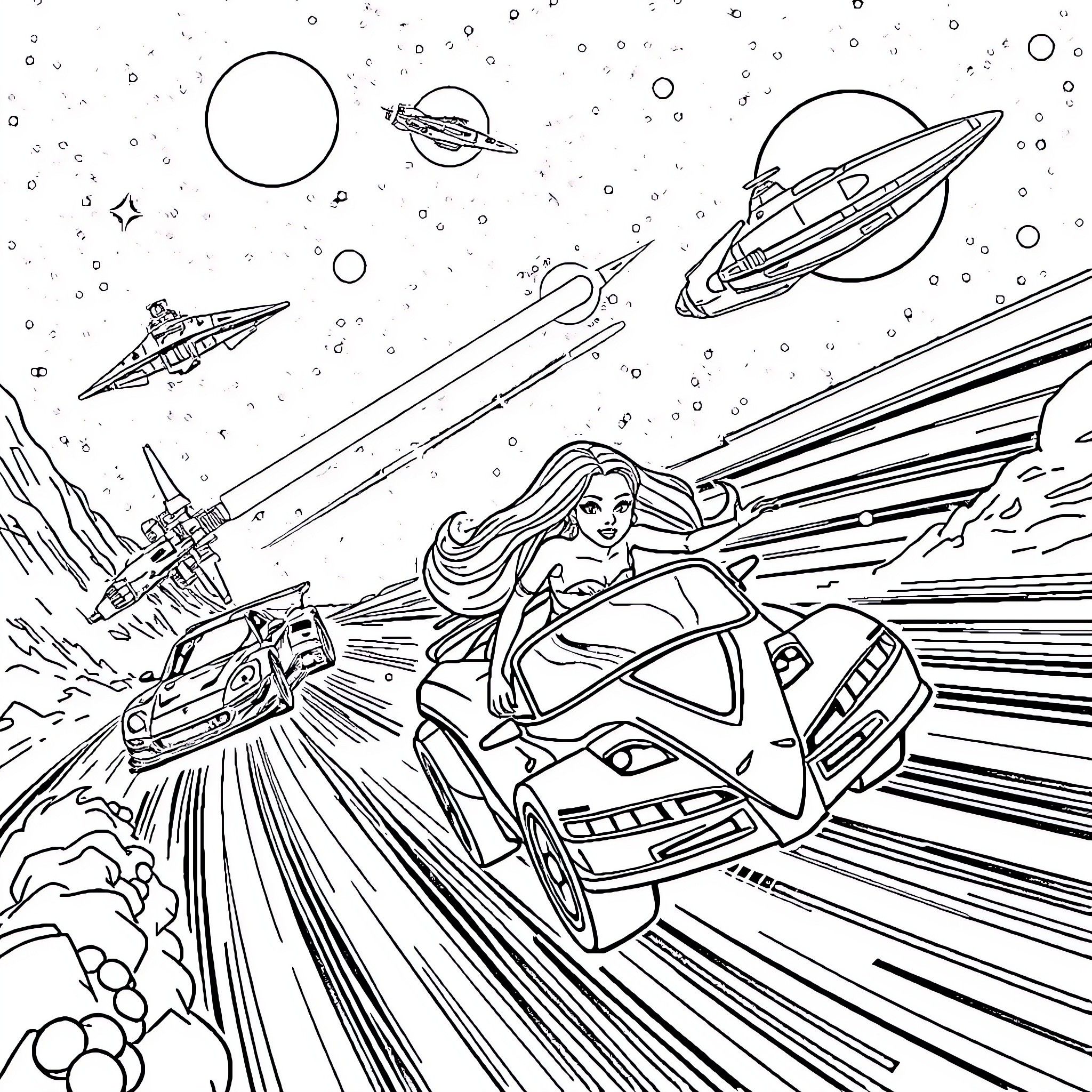 Barbie's Space Adventure with Futuristic Vehicles Coloring Page (free black-and-white line drawing printable PDF for all, from beginners to advanced learners, including children, teens, adults, and seniors)