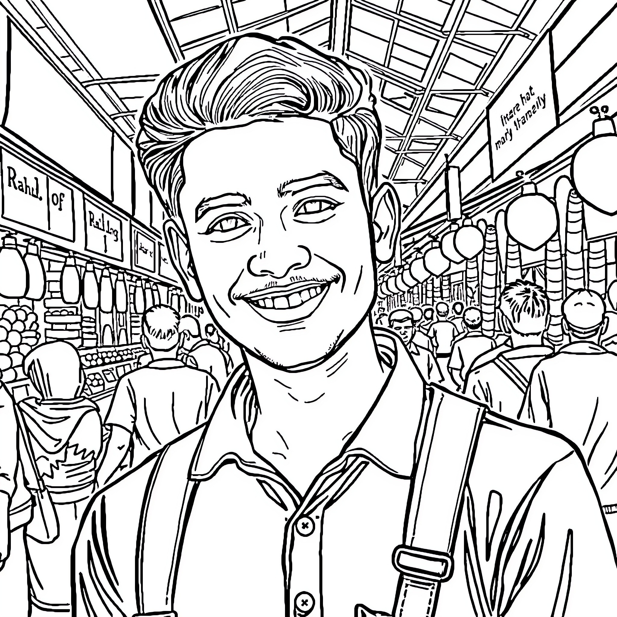Rahul at the bustling marketplace Coloring Page (free black-and-white line drawing printable PDF for all, from beginners to advanced learners, including children, teens, adults, and seniors)