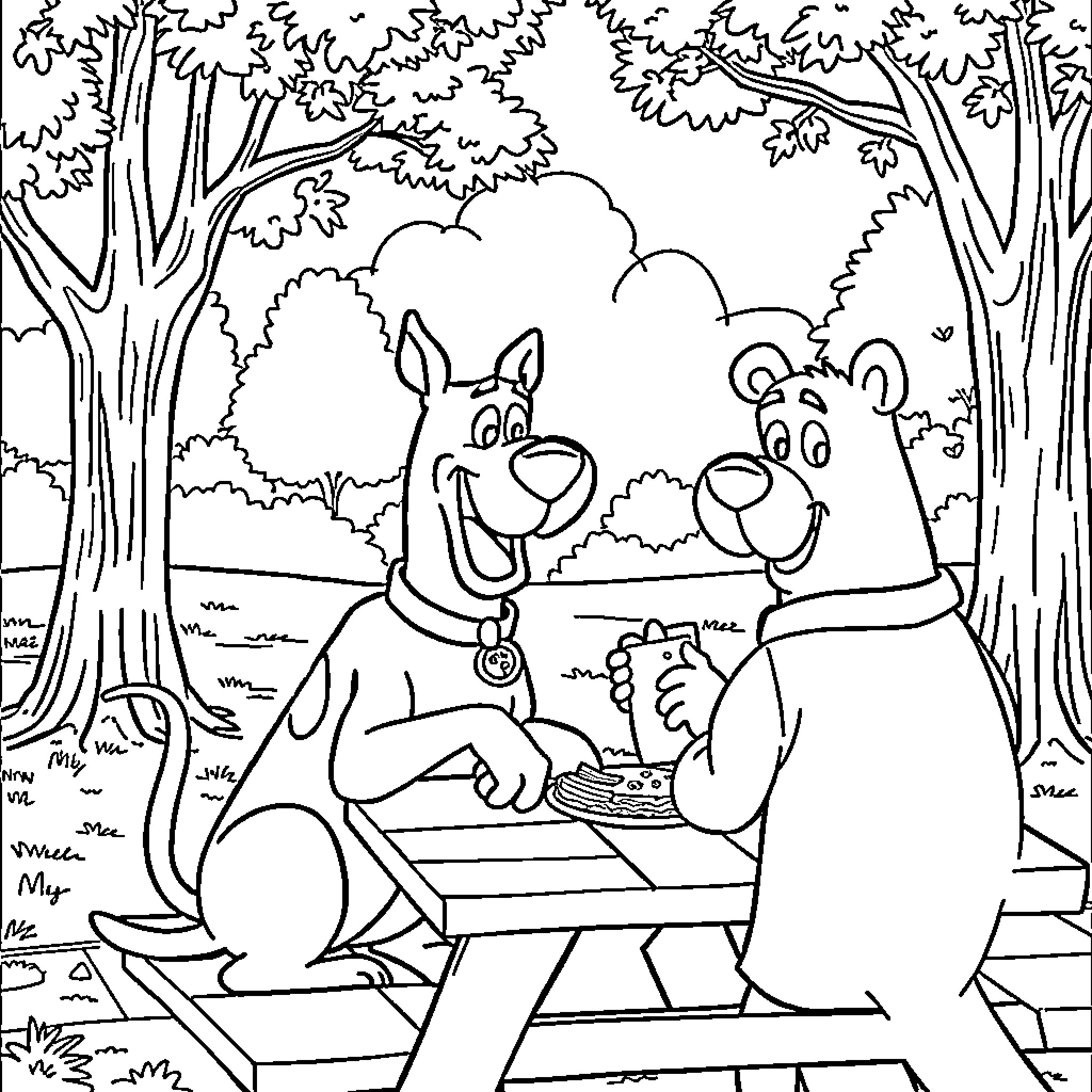 Scooby Doo and Yogi Bear Sharing a Picnic in the Woods Coloring Page (free black-and-white line drawing printable PDF for all, from beginners to advanced learners, including children, teens, adults, and seniors)