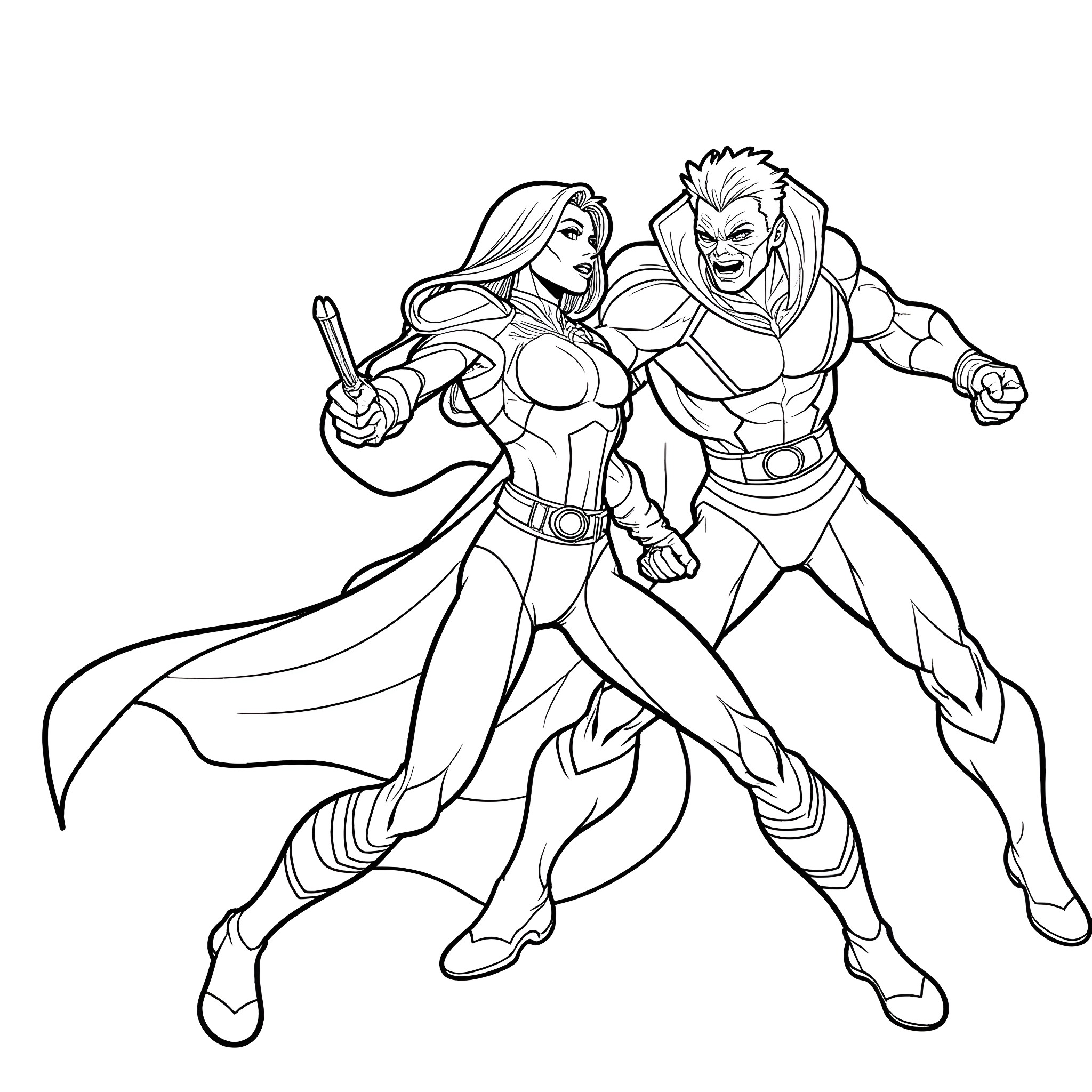 X-Men Heroes in Action Poses Coloring Page (free black-and-white line drawing printable PDF for all, from beginners to advanced learners, including children, teens, adults, and seniors)