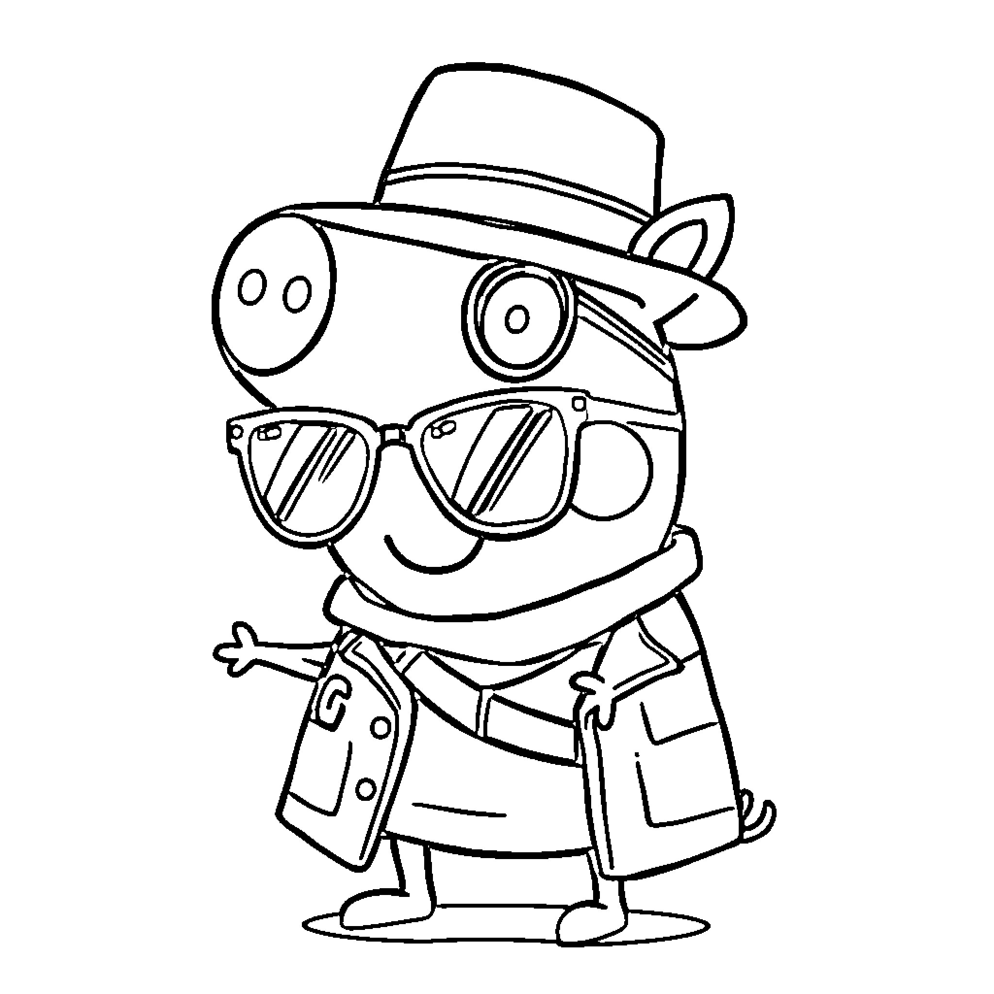 Peppa Pig character in detective outfit Coloring Page (free black-and-white line drawing printable PDF for all, from beginners to advanced learners, including children, teens, adults, and seniors)