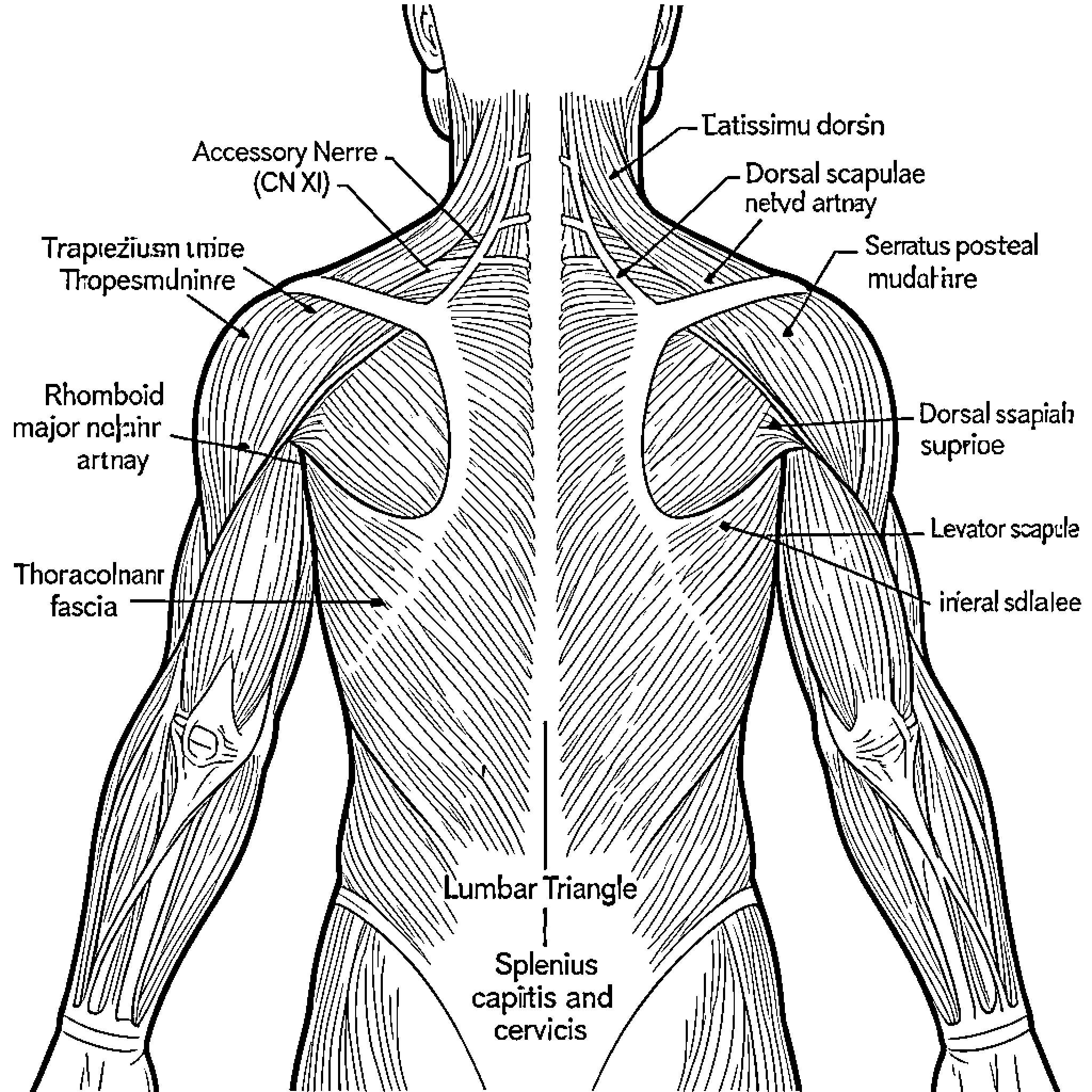 Back Anatomy showing detailed muscular structure and nerves Coloring Page (free black-and-white line drawing printable PDF for all, from beginners to advanced learners, including children, teens, adults, and seniors)