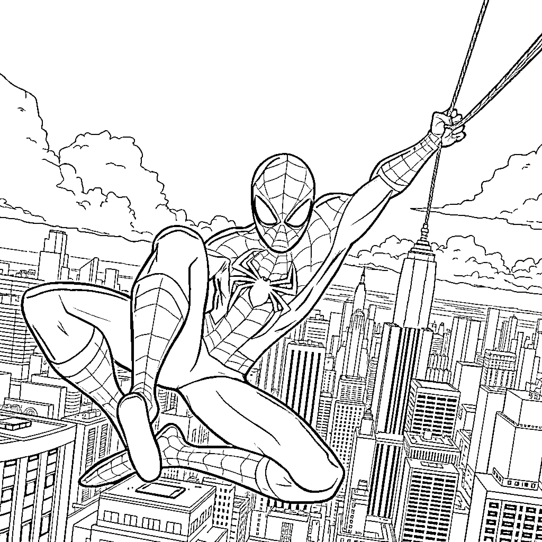Spiderman swinging through the city skyline Coloring Page (free black-and-white line drawing printable PDF for all, from beginners to advanced learners, including children, teens, adults, and seniors)