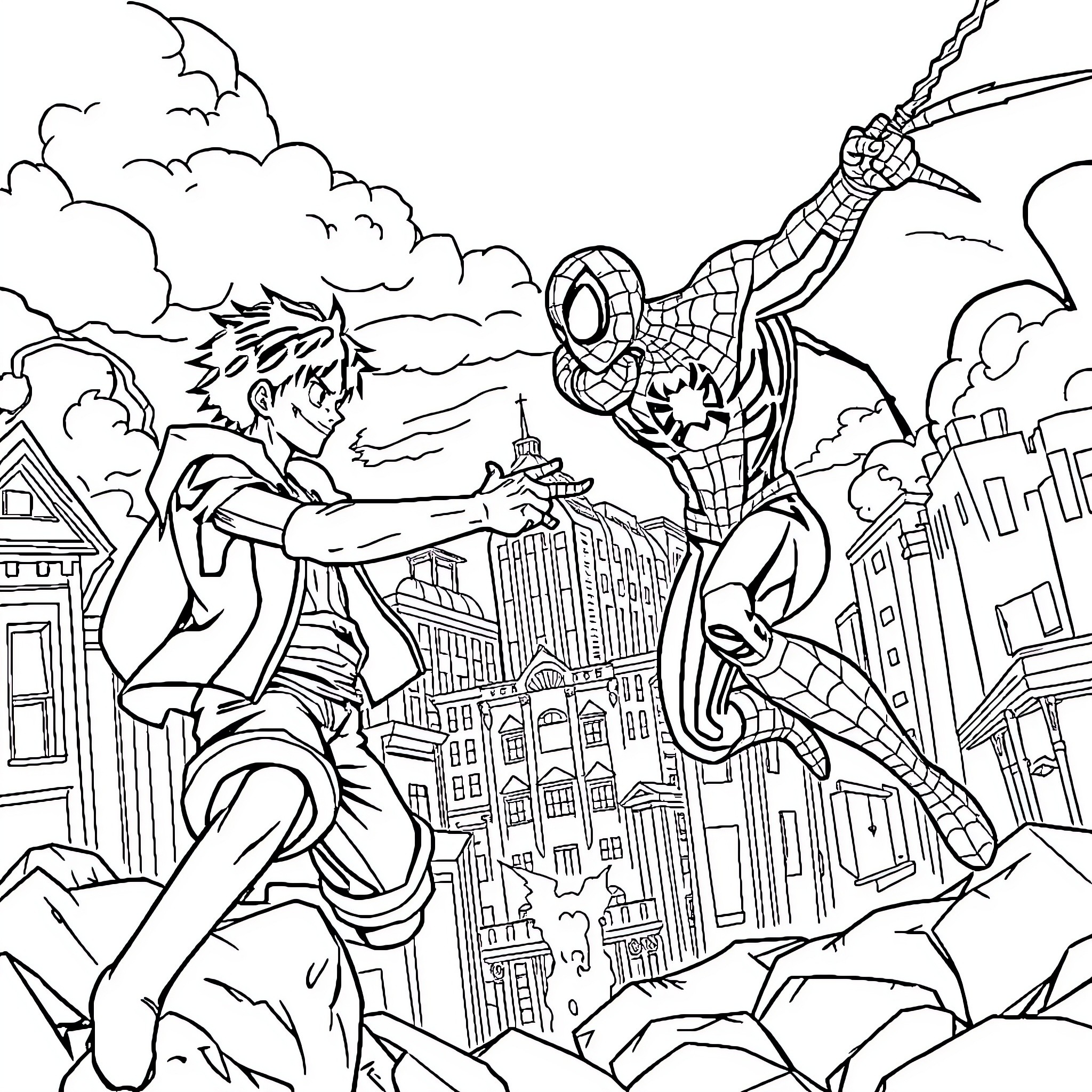 Luffy and Spider-Man Fight Against Villains in the City Coloring Page (free black-and-white line drawing printable PDF for all, from beginners to advanced learners, including children, teens, adults, and seniors)