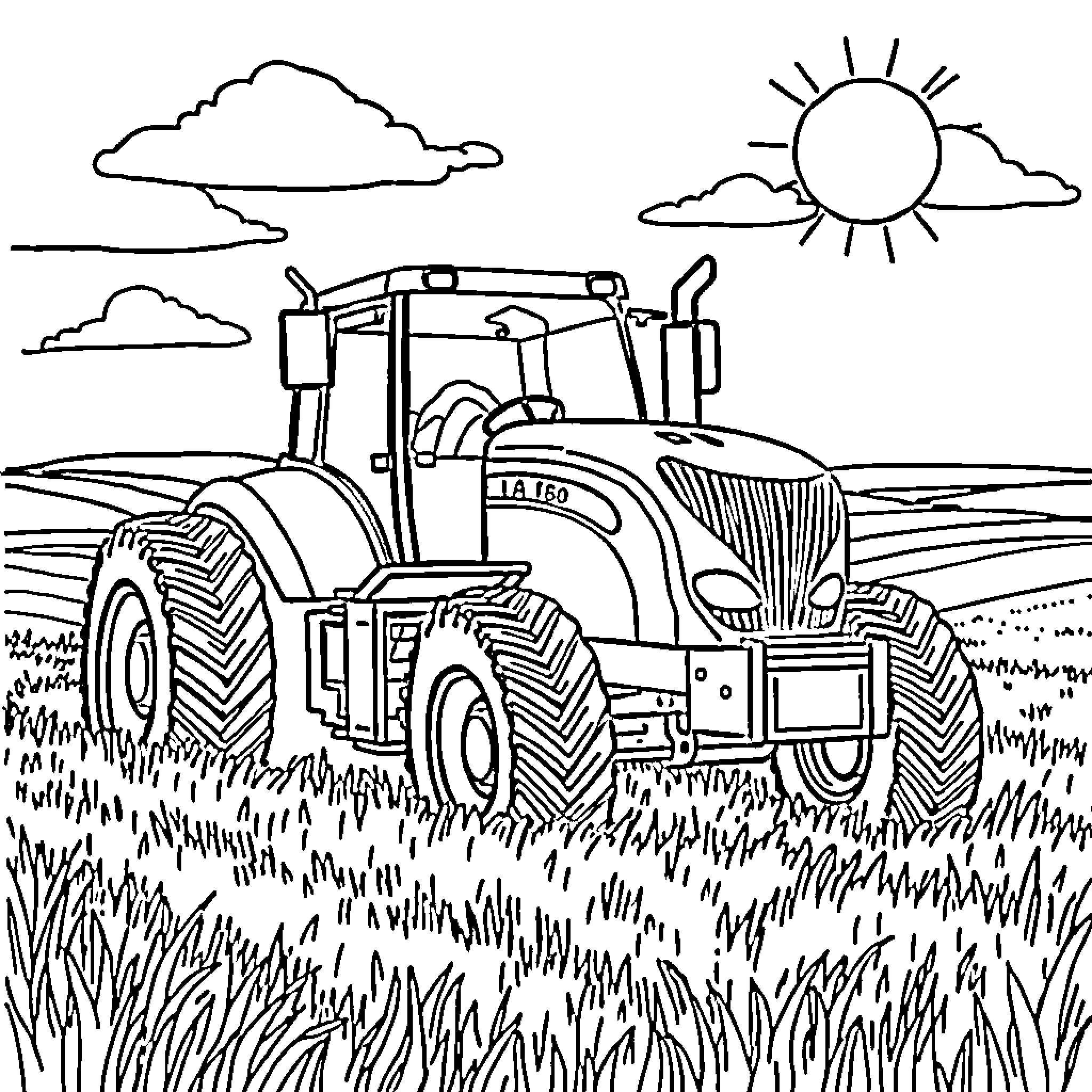 Tractor working in the field under sunny sky Coloring Page (free black-and-white line drawing printable PDF for all, from beginners to advanced learners, including children, teens, adults, and seniors)