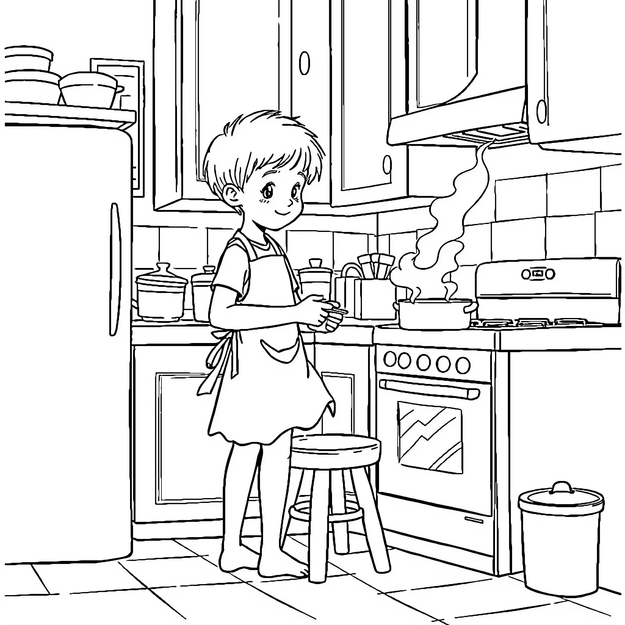 Child cooking in the kitchen Coloring Page (free black-and-white line drawing printable PDF for all, from beginners to advanced learners, including children, teens, adults, and seniors)