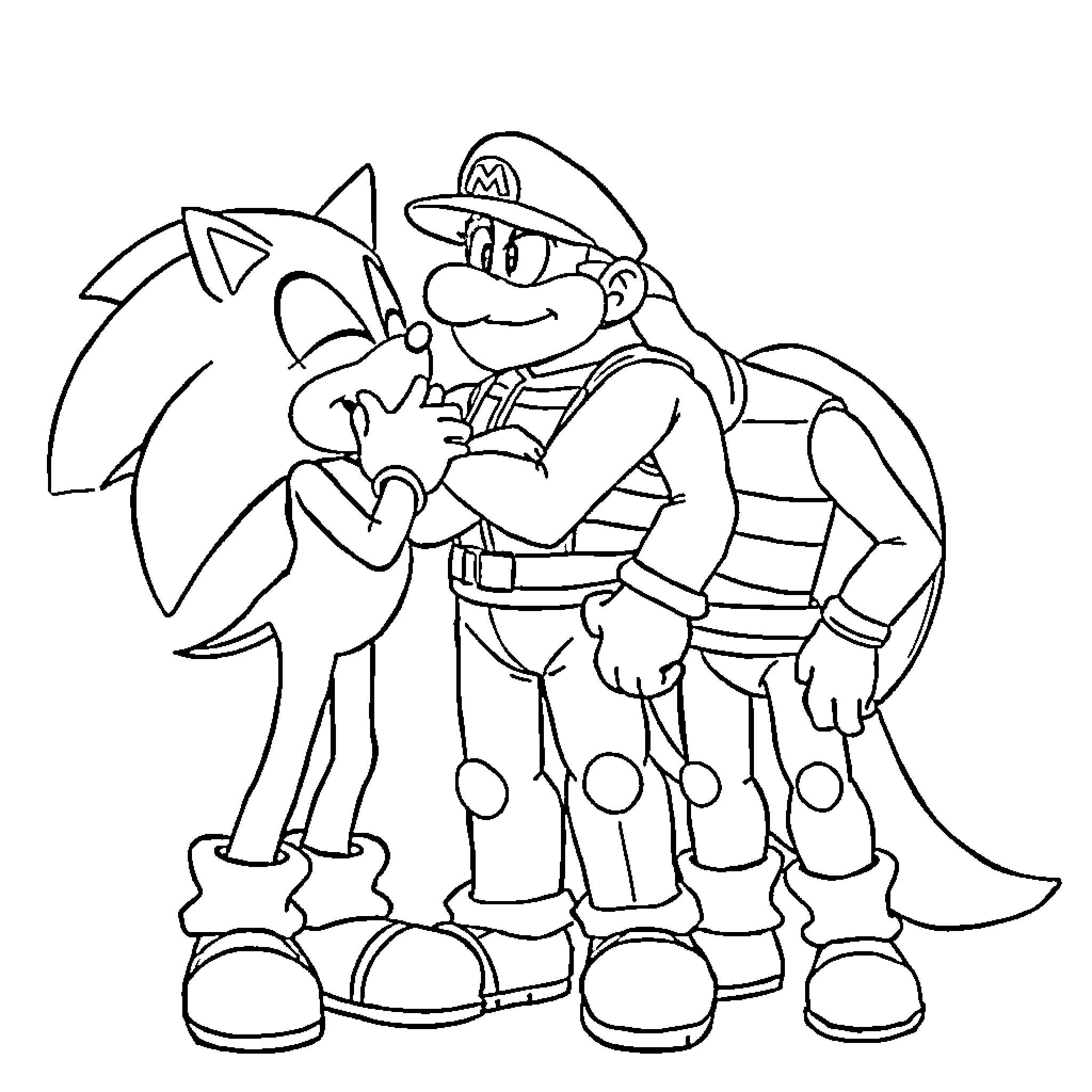 Sonic and Mario's Playful Adventure Coloring Page (free black-and-white line drawing printable PDF for all, from beginners to advanced learners, including children, teens, adults, and seniors)
