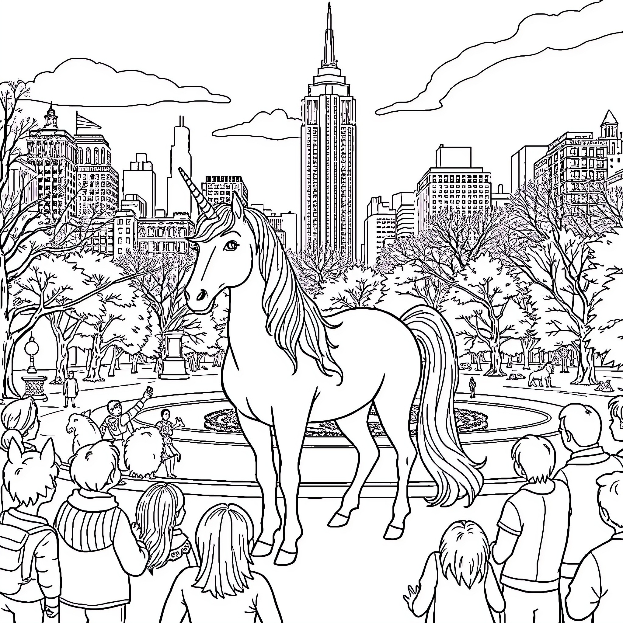 Unicorn Appearing in the Busy City Park Coloring Page (free black-and-white line drawing printable PDF for all, from beginners to advanced learners, including children, teens, adults, and seniors)