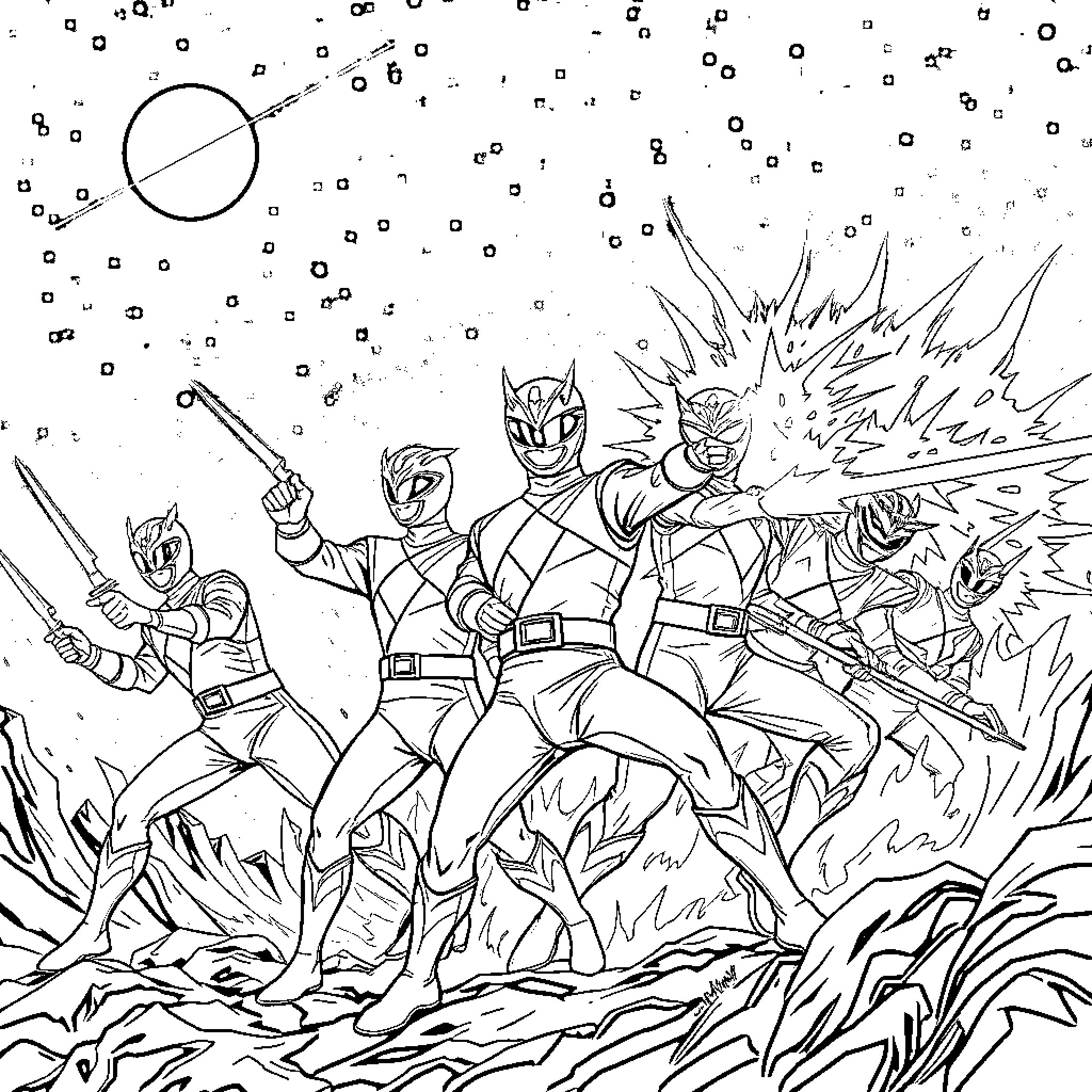 Power Rangers in Action-Packed Battle Scene Coloring Page (free black-and-white line drawing printable PDF for all, from beginners to advanced learners, including children, teens, adults, and seniors)