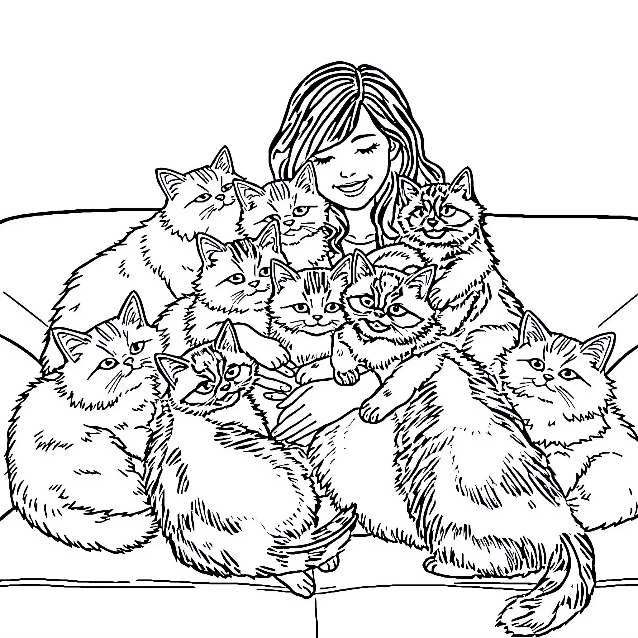 Cat surrounded by numerous kittens Coloring Page (free black-and-white line drawing printable PDF for all, from beginners to advanced learners, including children, teens, adults, and seniors)