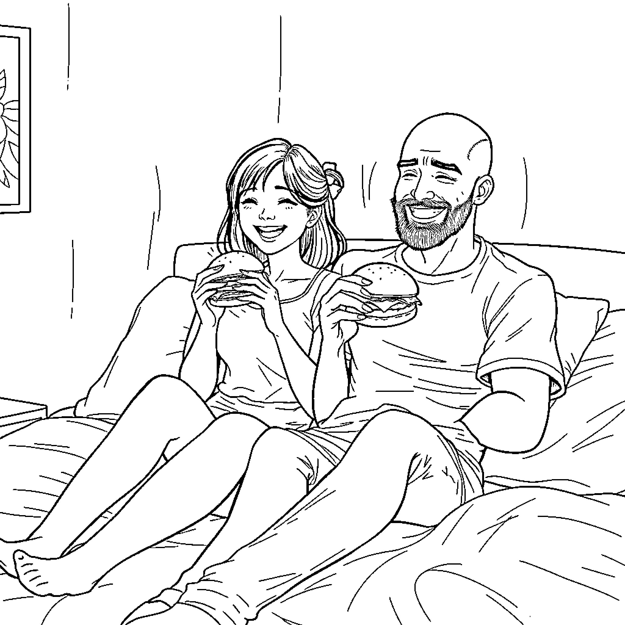 Woman sharing a casual moment with companion Coloring Page (free black-and-white line drawing printable PDF for all, from beginners to advanced learners, including children, teens, adults, and seniors)