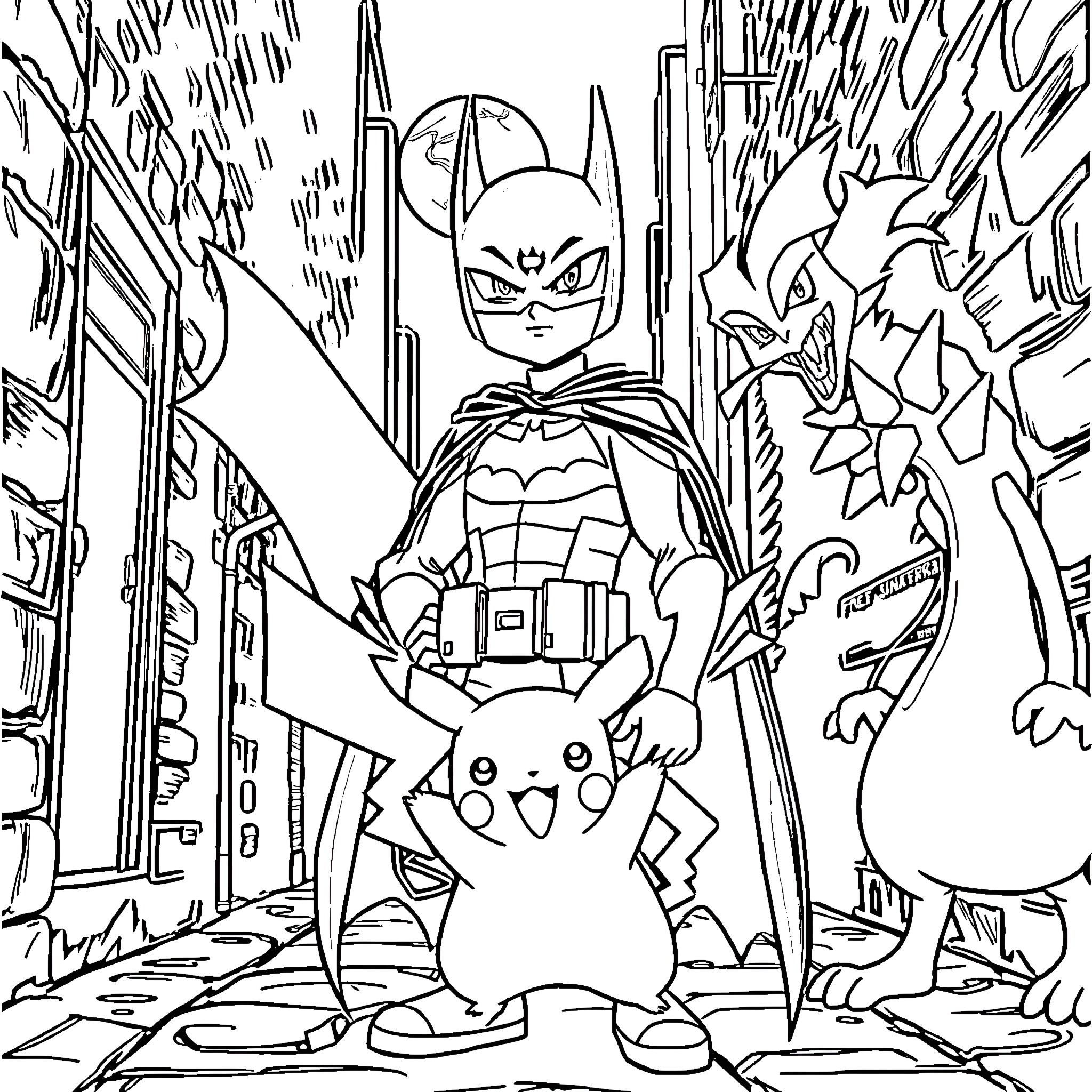 Pokemon Trainer in Action with Pikachu and Dragon Coloring Page (free black-and-white line drawing printable PDF for all, from beginners to advanced learners, including children, teens, adults, and seniors)