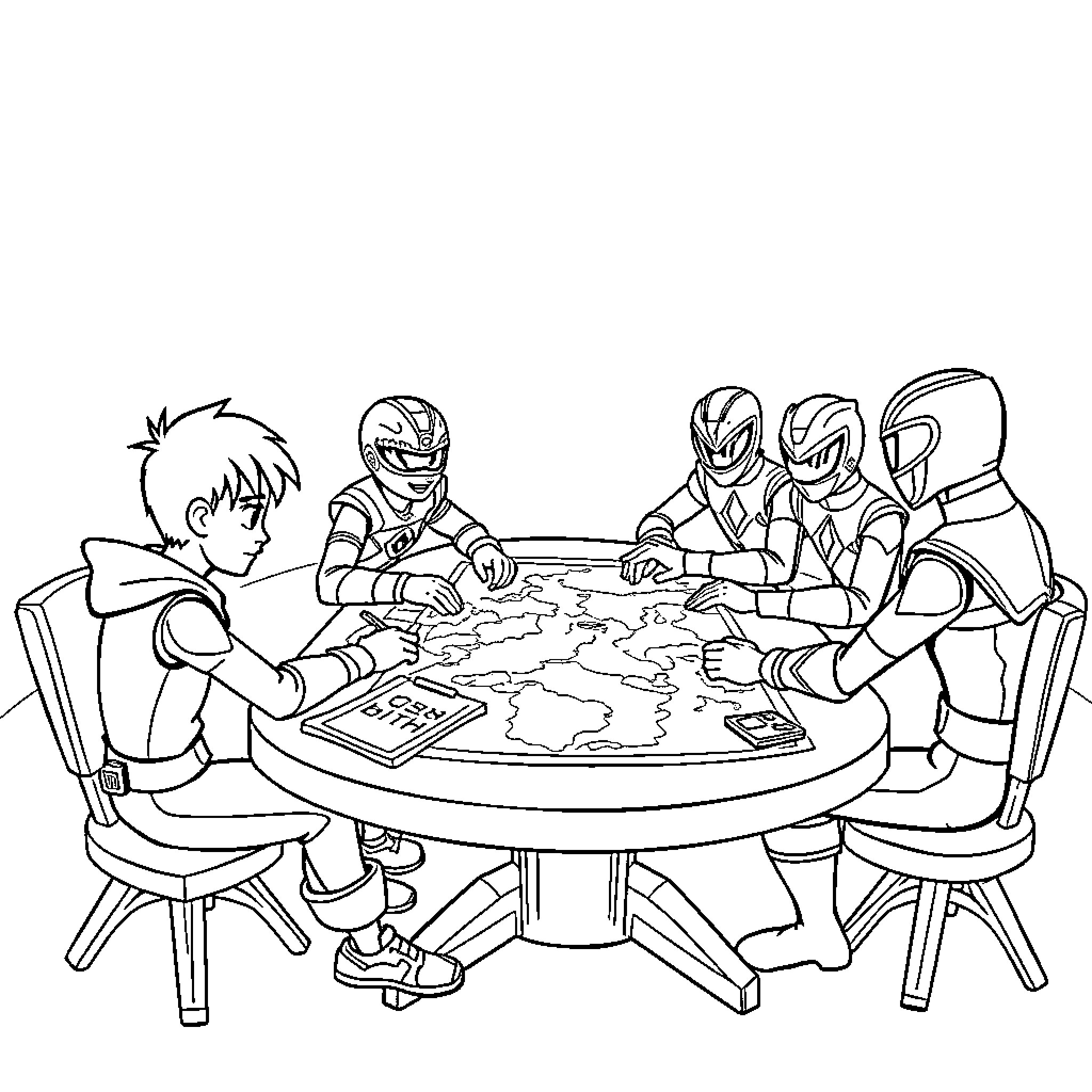 Ben 10 characters gathered around a map for a mission Coloring Page (free black-and-white line drawing printable PDF for all, from beginners to advanced learners, including children, teens, adults, and seniors)