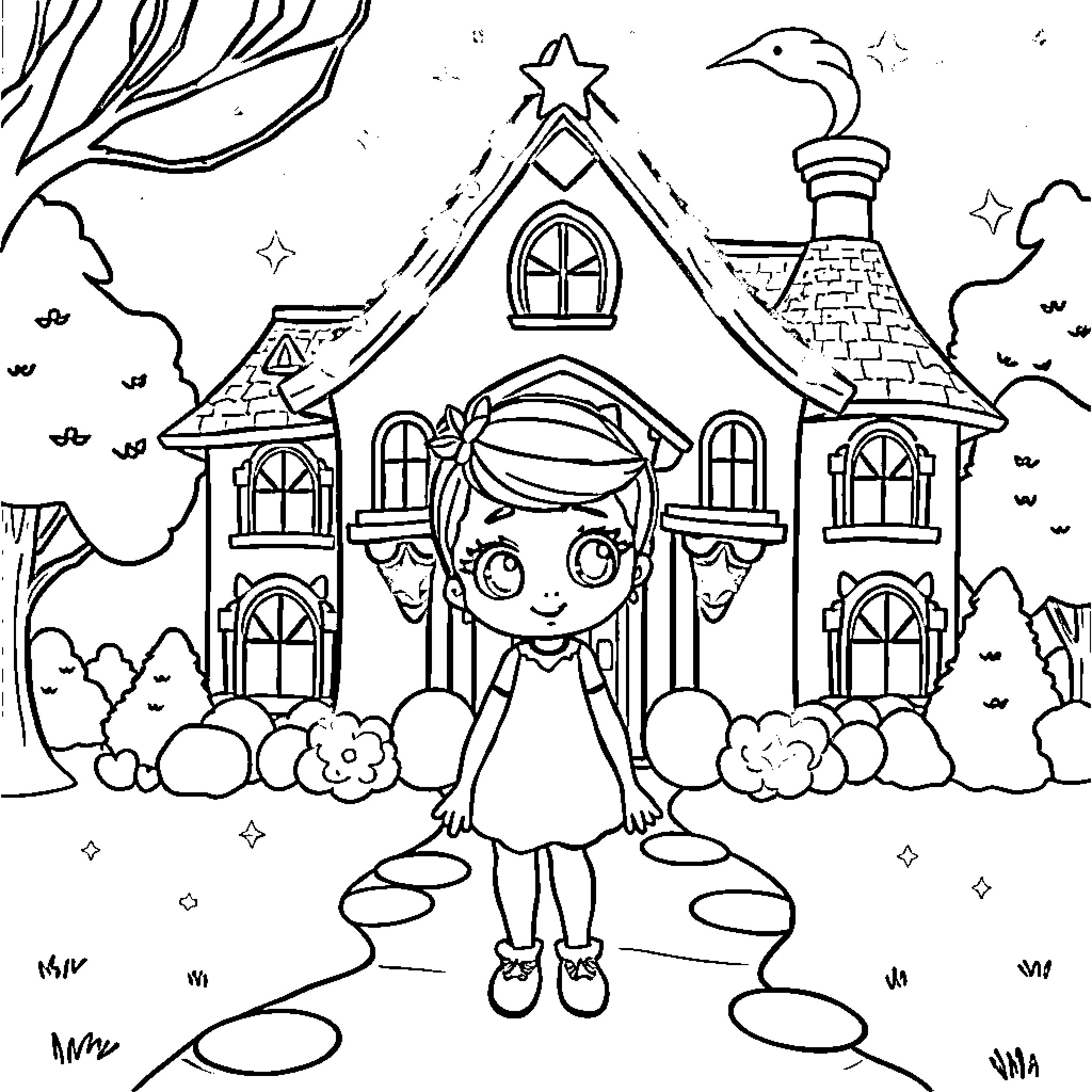 Gabby's Fun and Whimsical Fairy Tale House Coloring Page (free black-and-white line drawing printable PDF for all, from beginners to advanced learners, including children, teens, adults, and seniors)