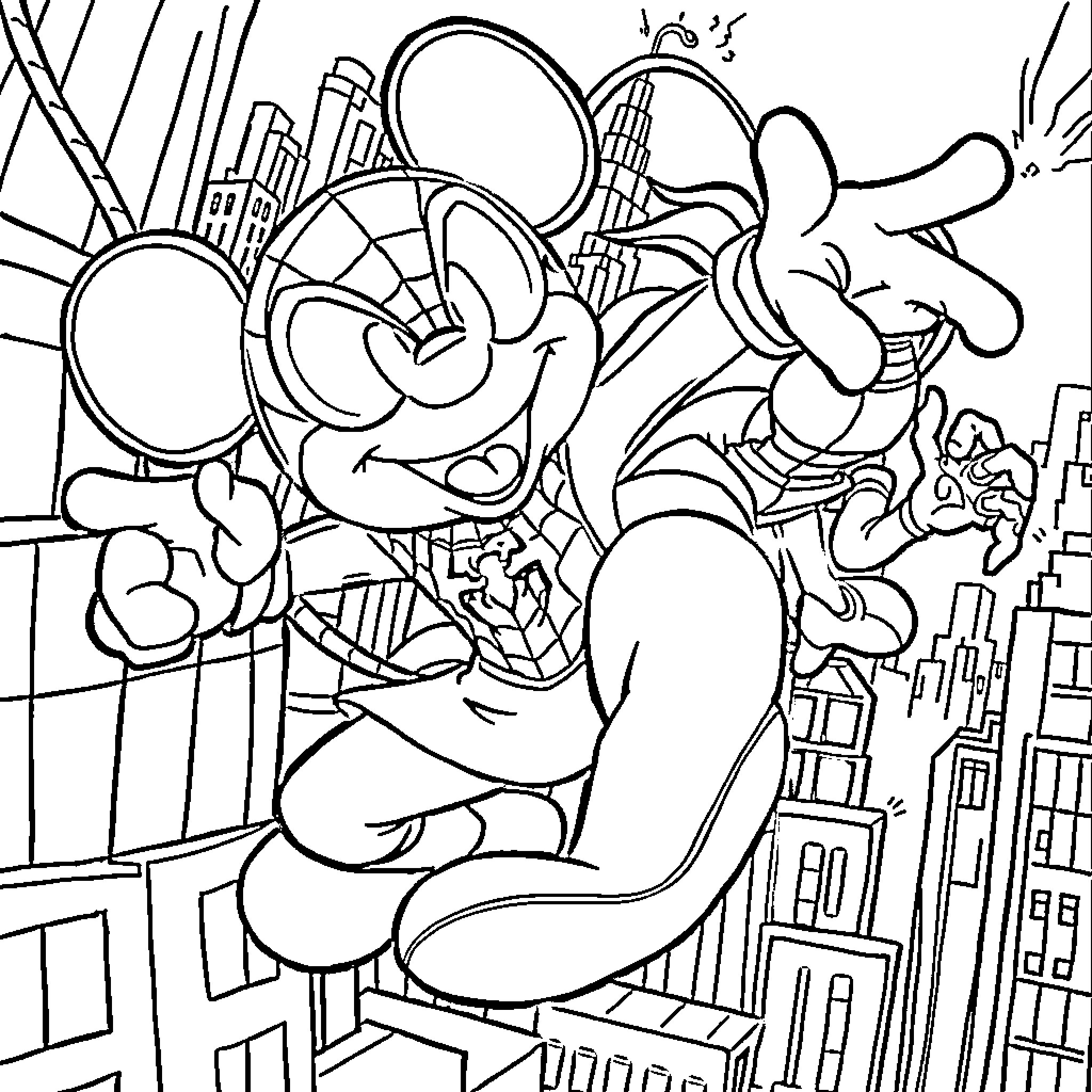 Mickey Mouse enjoying the city life Coloring Page (free black-and-white line drawing printable PDF for all, from beginners to advanced learners, including children, teens, adults, and seniors)