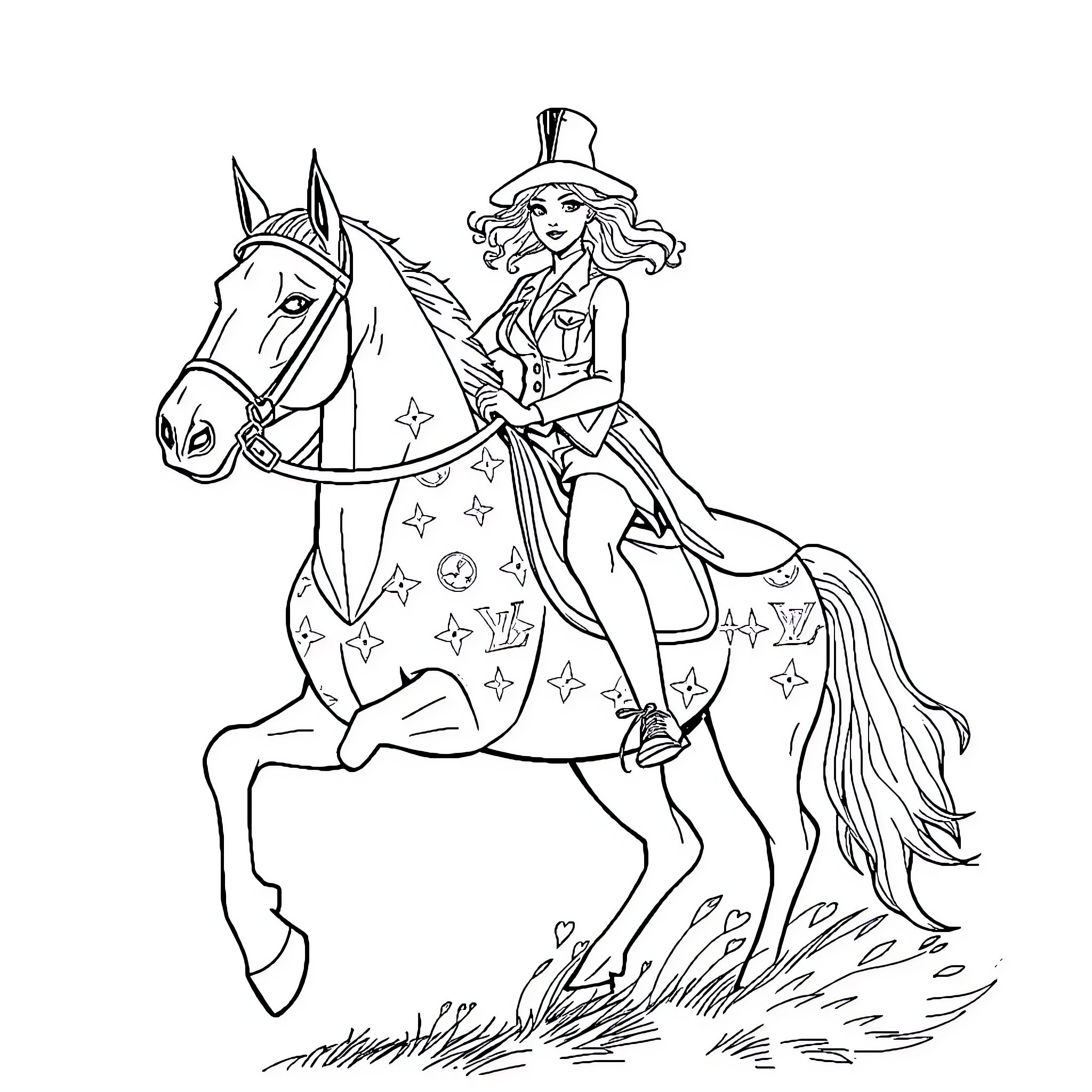 Vivienne's Magical Horseback Adventure Coloring Page (free black-and-white line drawing printable PDF for all, from beginners to advanced learners, including children, teens, adults, and seniors)