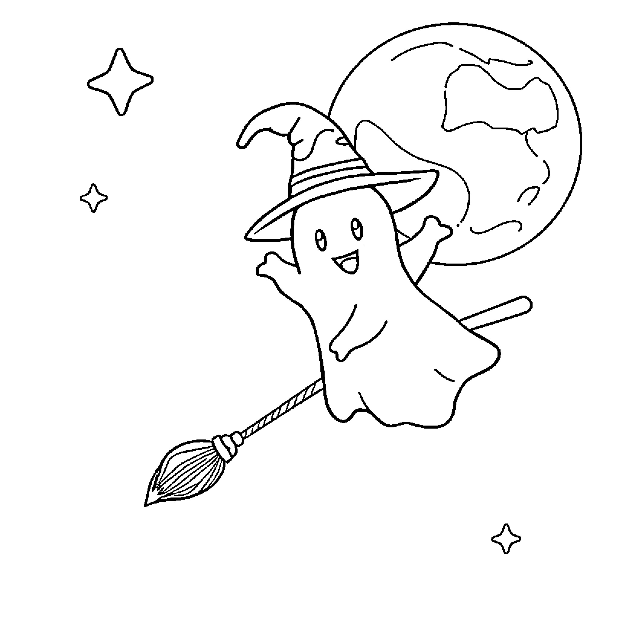 Ghost flying on a broomstick under the moon Coloring Page (free black-and-white line drawing printable PDF for all, from beginners to advanced learners, including children, teens, adults, and seniors)
