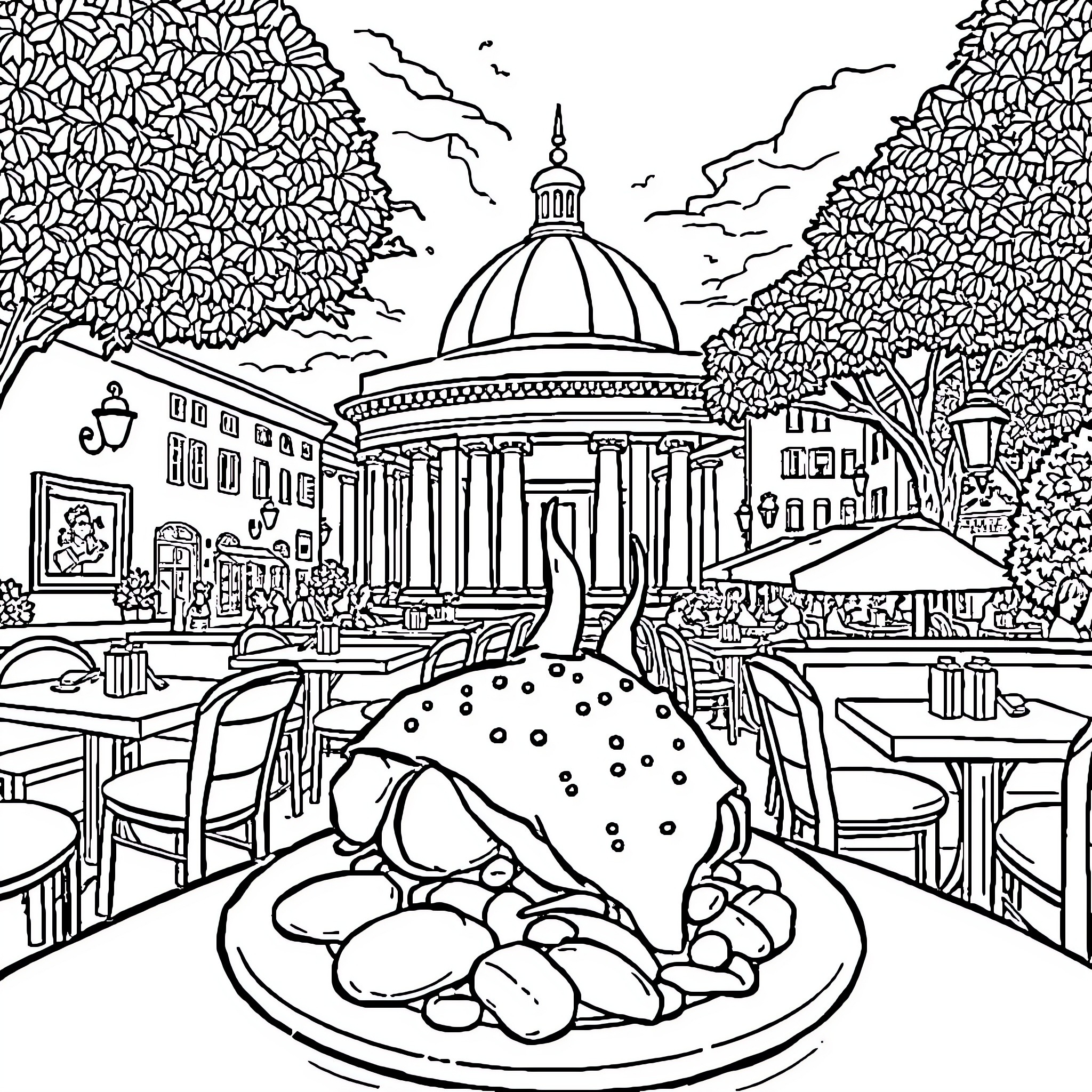 Chicken dish in an outdoor cafe scene Coloring Page (free black-and-white line drawing printable PDF for all, from beginners to advanced learners, including children, teens, adults, and seniors)