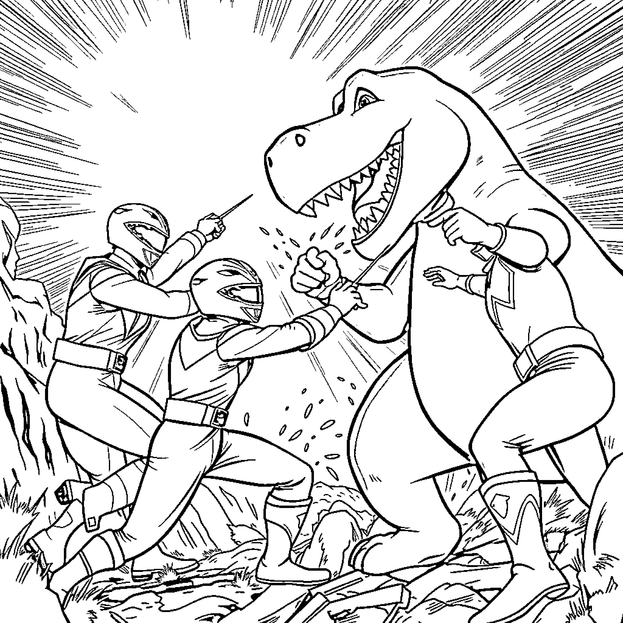 Power Rangers battling ferocious dinosaur in action-packed scene Coloring Page (free black-and-white line drawing printable PDF for all, from beginners to advanced learners, including children, teens, adults, and seniors)