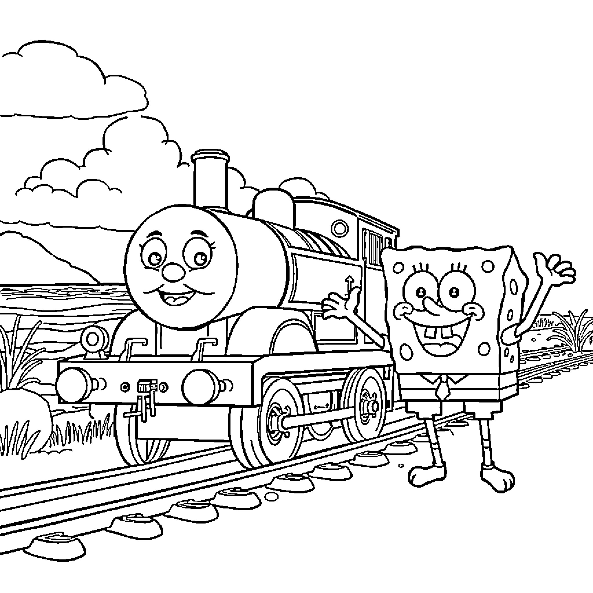 Thomas and SpongeBob's Joyful Train Adventure Coloring Page (free black-and-white line drawing printable PDF for all, from beginners to advanced learners, including children, teens, adults, and seniors)