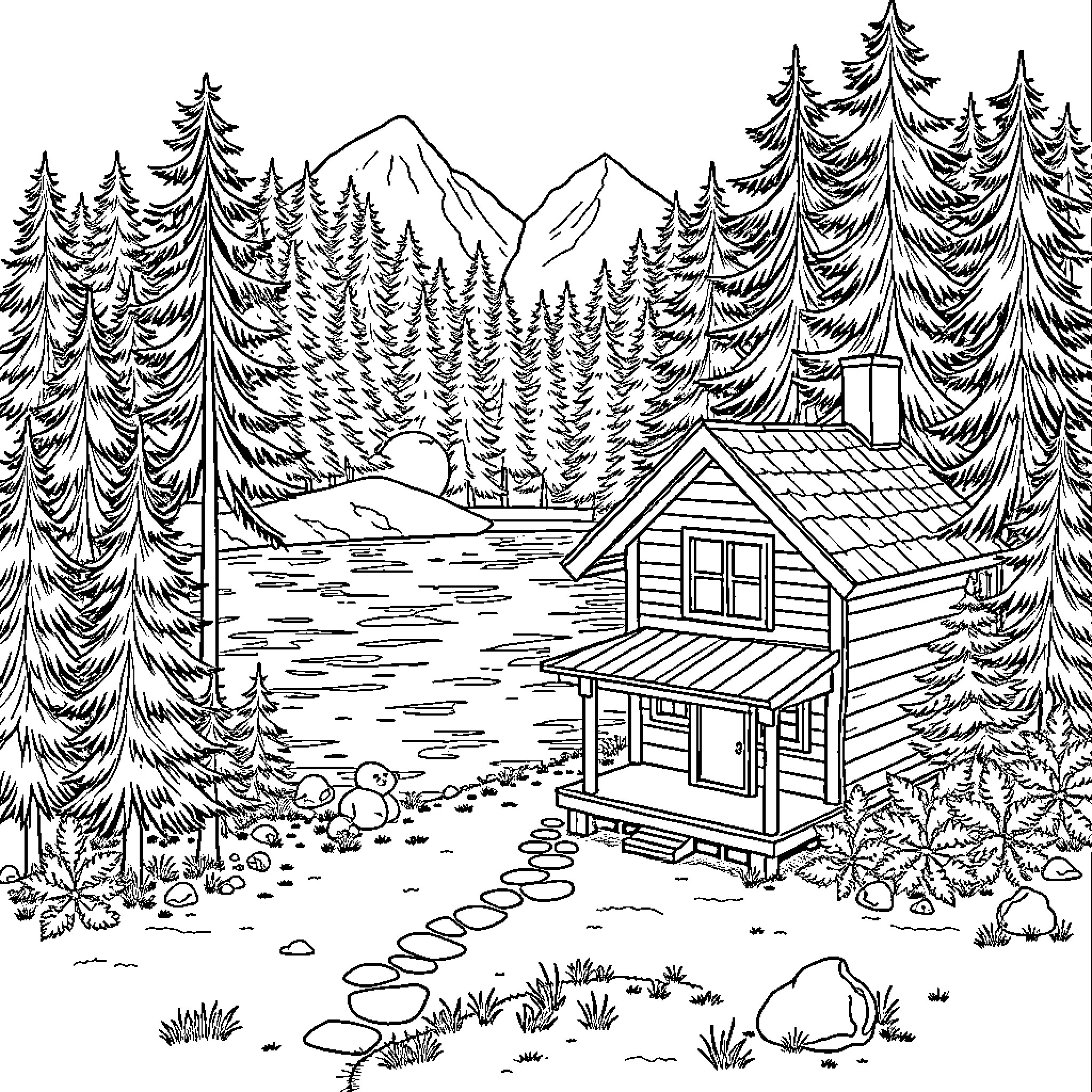 Cabin in the snowy forest landscape Coloring Page (free black-and-white line drawing printable PDF for all, from beginners to advanced learners, including children, teens, adults, and seniors)