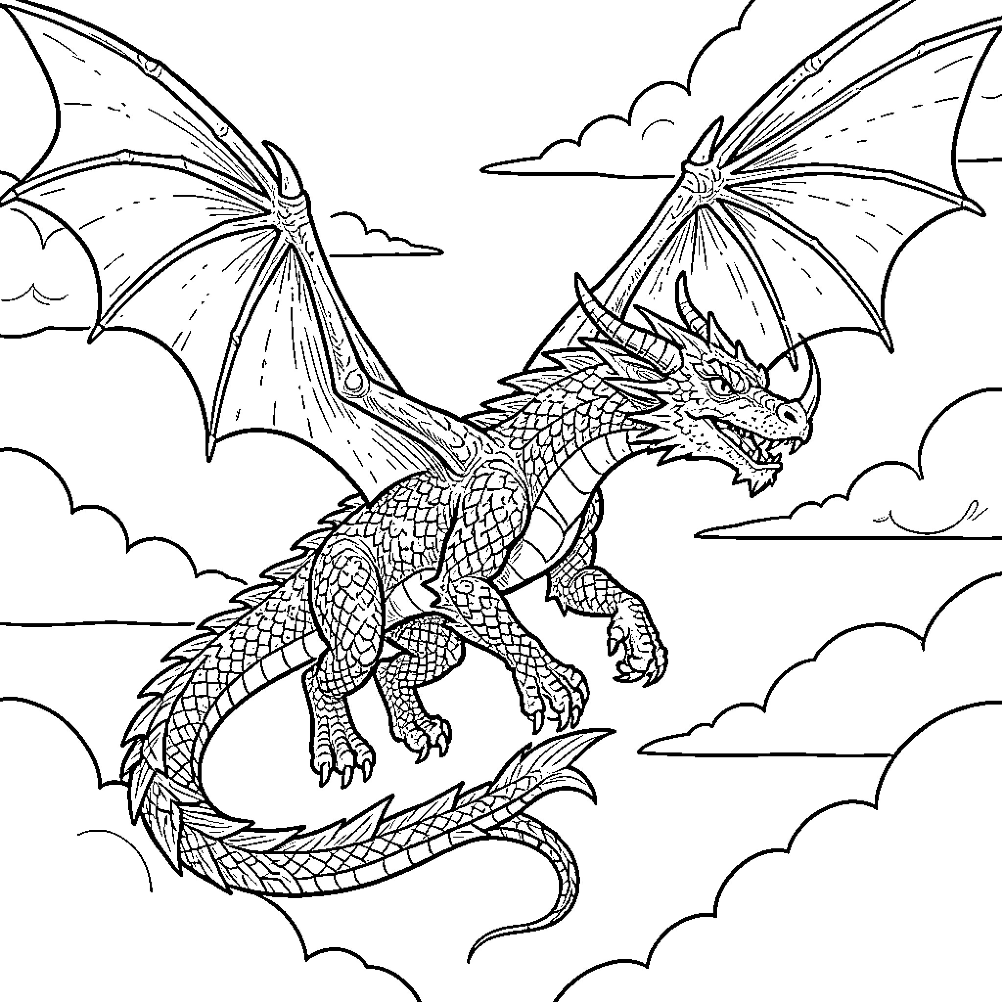 Dragon soaring through the cloudy skies Coloring Page (free black-and-white line drawing printable PDF for all, from beginners to advanced learners, including children, teens, adults, and seniors)