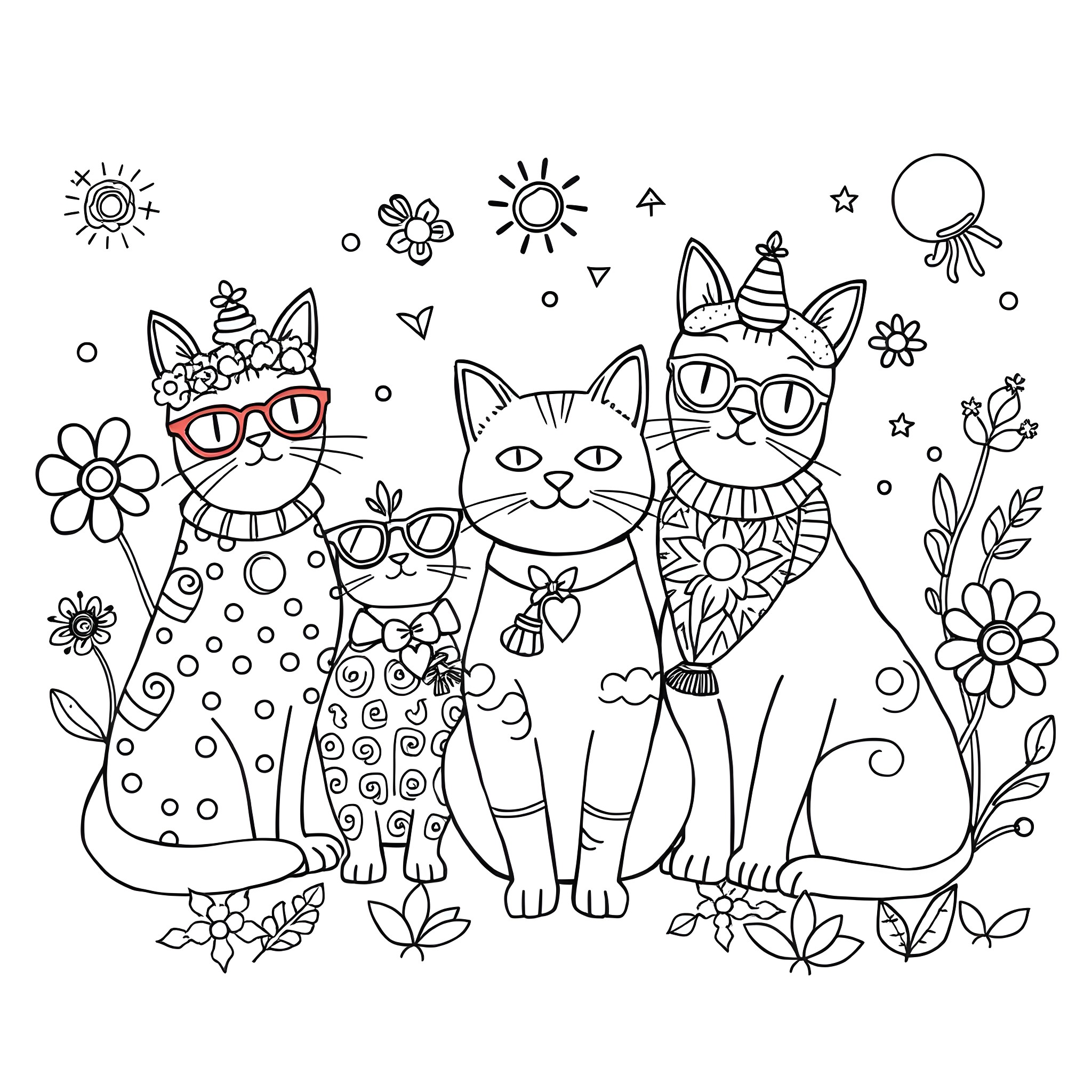 Cats in Whimsical Outfits with Floral Accents Coloring Page (free black-and-white line drawing printable PDF for all, from beginners to advanced learners, including children, teens, adults, and seniors)