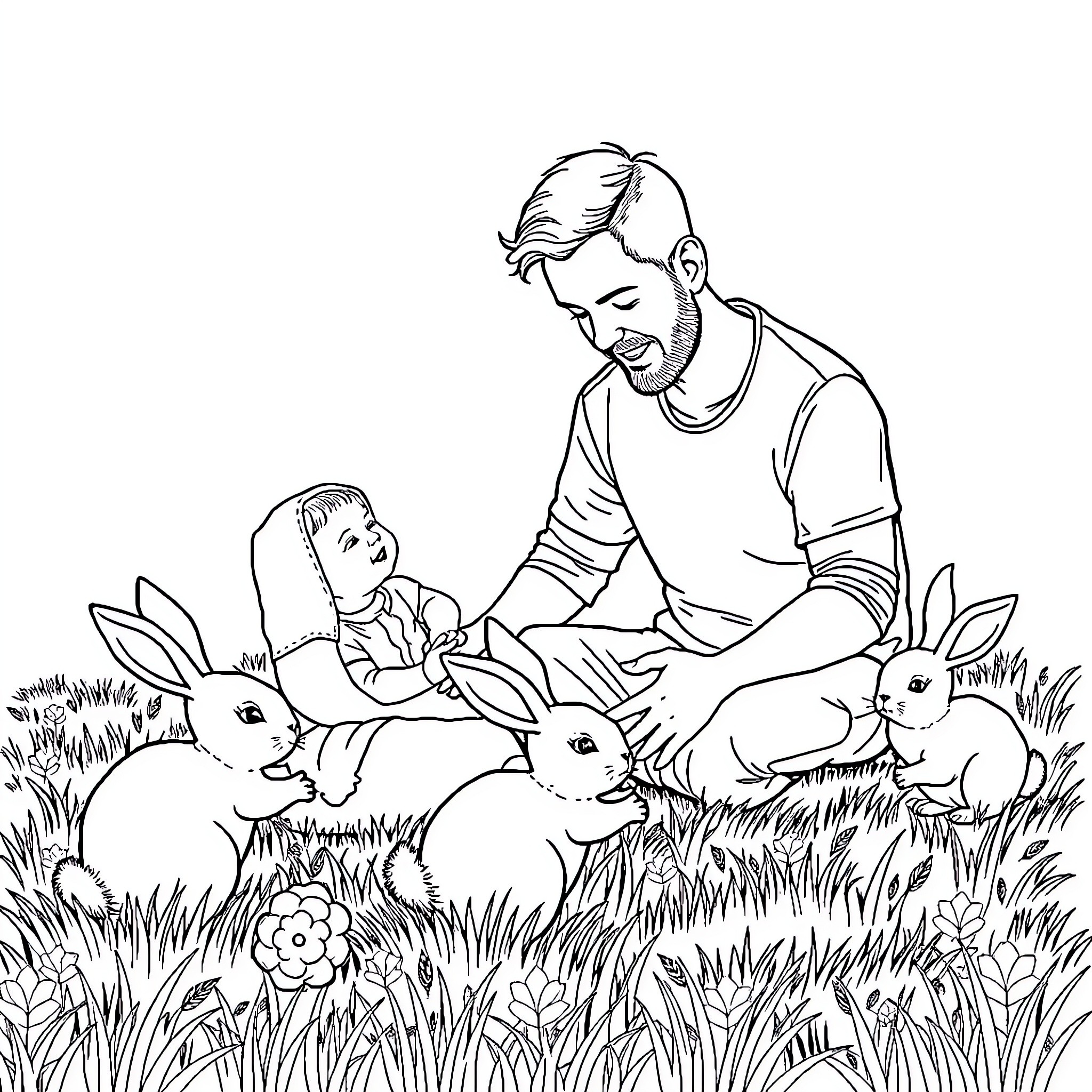 Dad enjoying a peaceful day with his child and bunnies Coloring Page (free black-and-white line drawing printable PDF for all, from beginners to advanced learners, including children, teens, adults, and seniors)