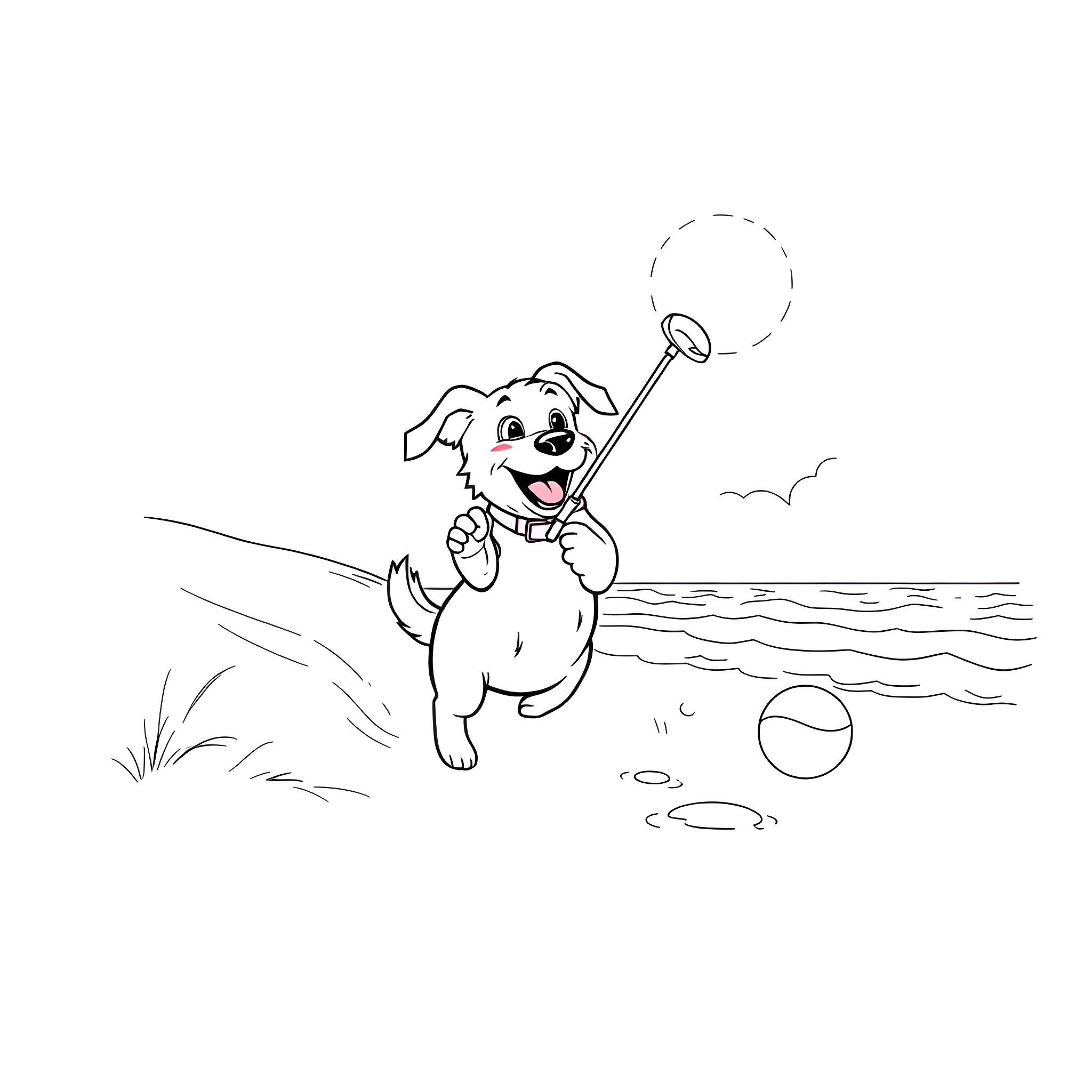 Dog playing joyfully with beach toys Coloring Page (free black-and-white line drawing printable PDF for all, from beginners to advanced learners, including children, teens, adults, and seniors)