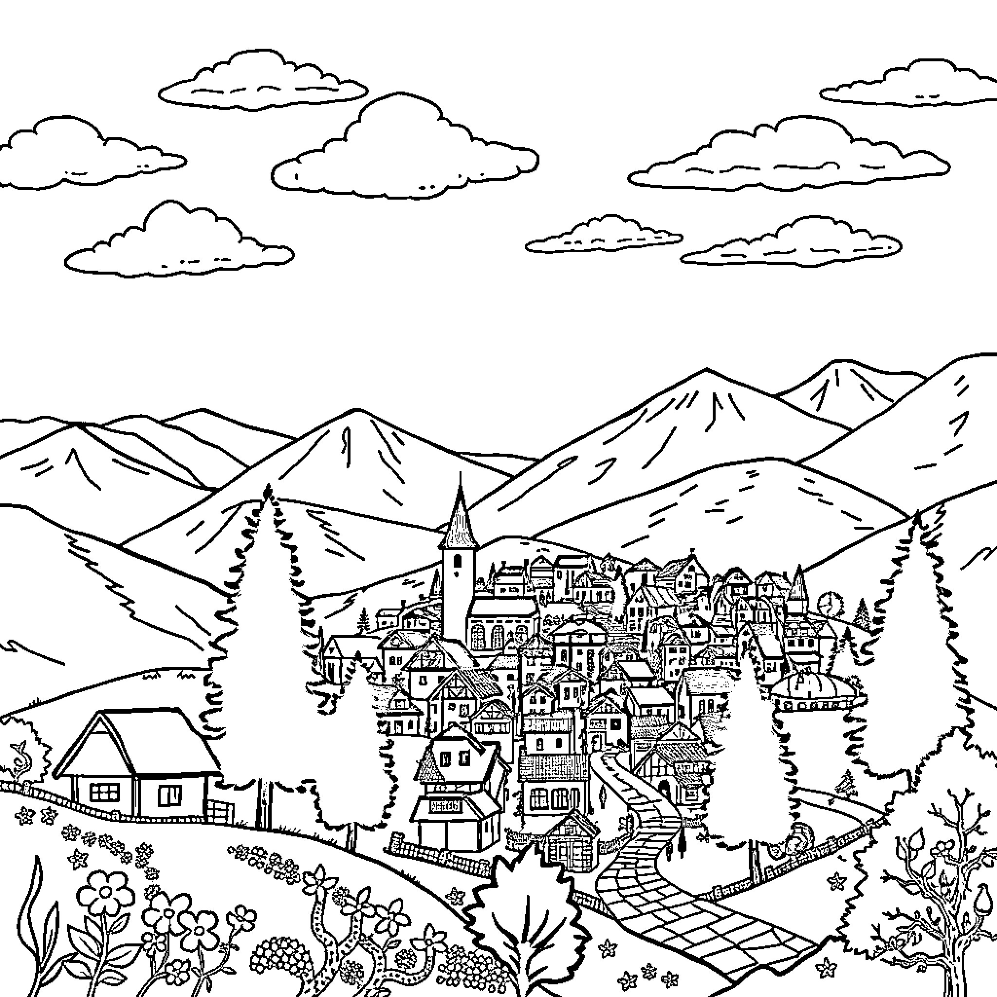 Kuloren Peaceful Mountain Village Scene Coloring Page (free black-and-white line drawing printable PDF for all, from beginners to advanced learners, including children, teens, adults, and seniors)